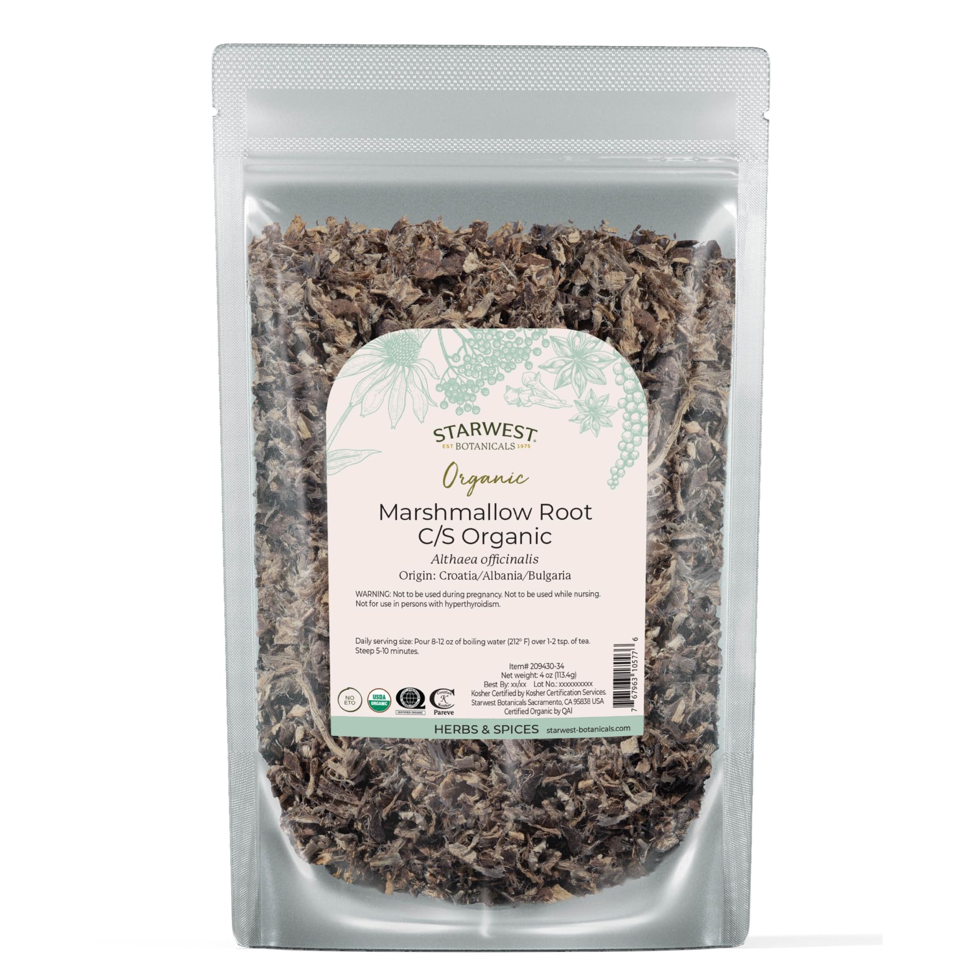 Organic Marshmallow Root - Dried Herb for Tea, Loose Leaf Root Herb, Cut & Sifted, Certified Kosher, Non-GMO - 4 oz Pouch