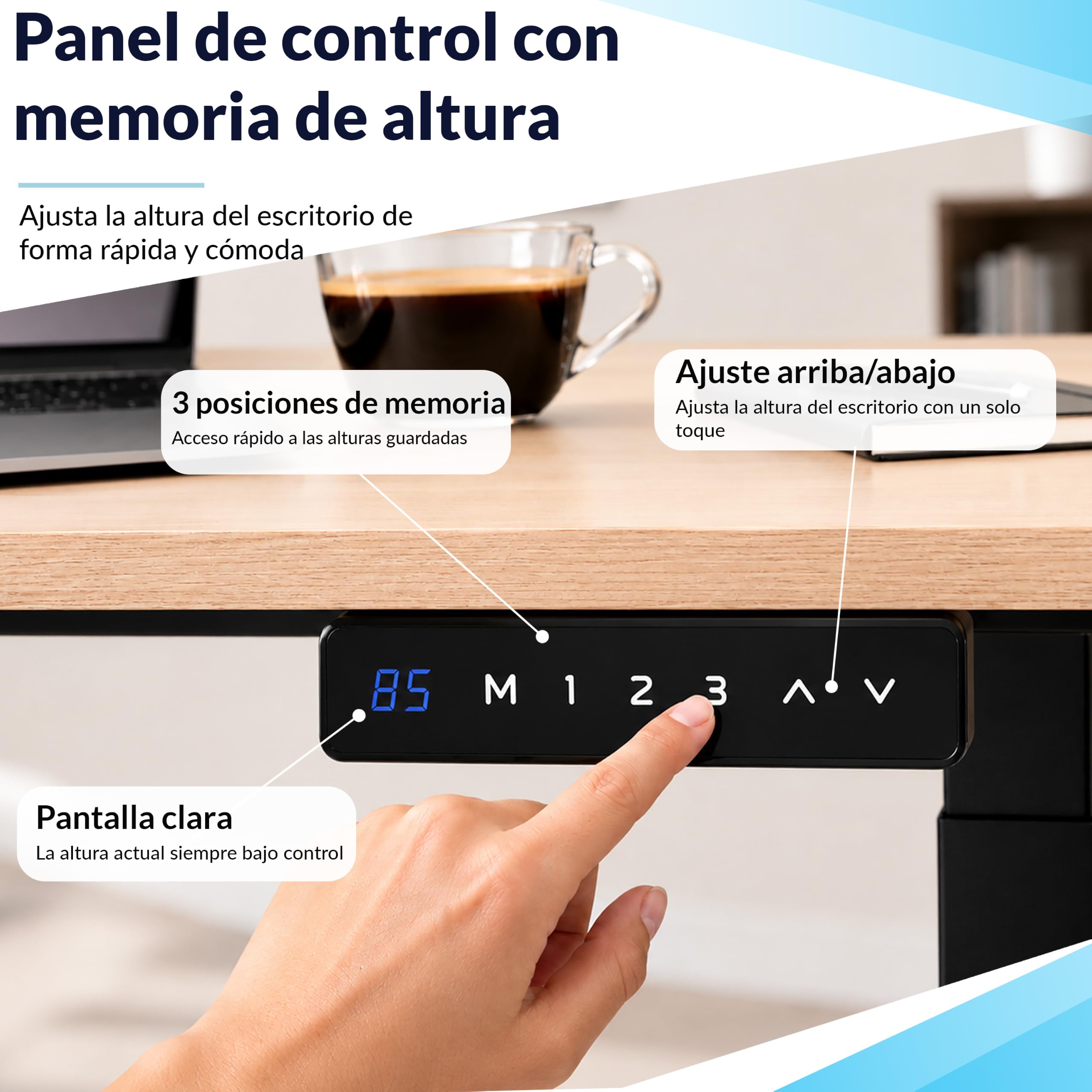 POKAR Escritorio Elevable Eléctrico 120x70 cm | Tablero Macizo 25mm | Panel con Memoria, USB-C y USB-A | Mesa Regulable en Altura para Teletrabajo | Estructura Plateada, Tablero Blanco