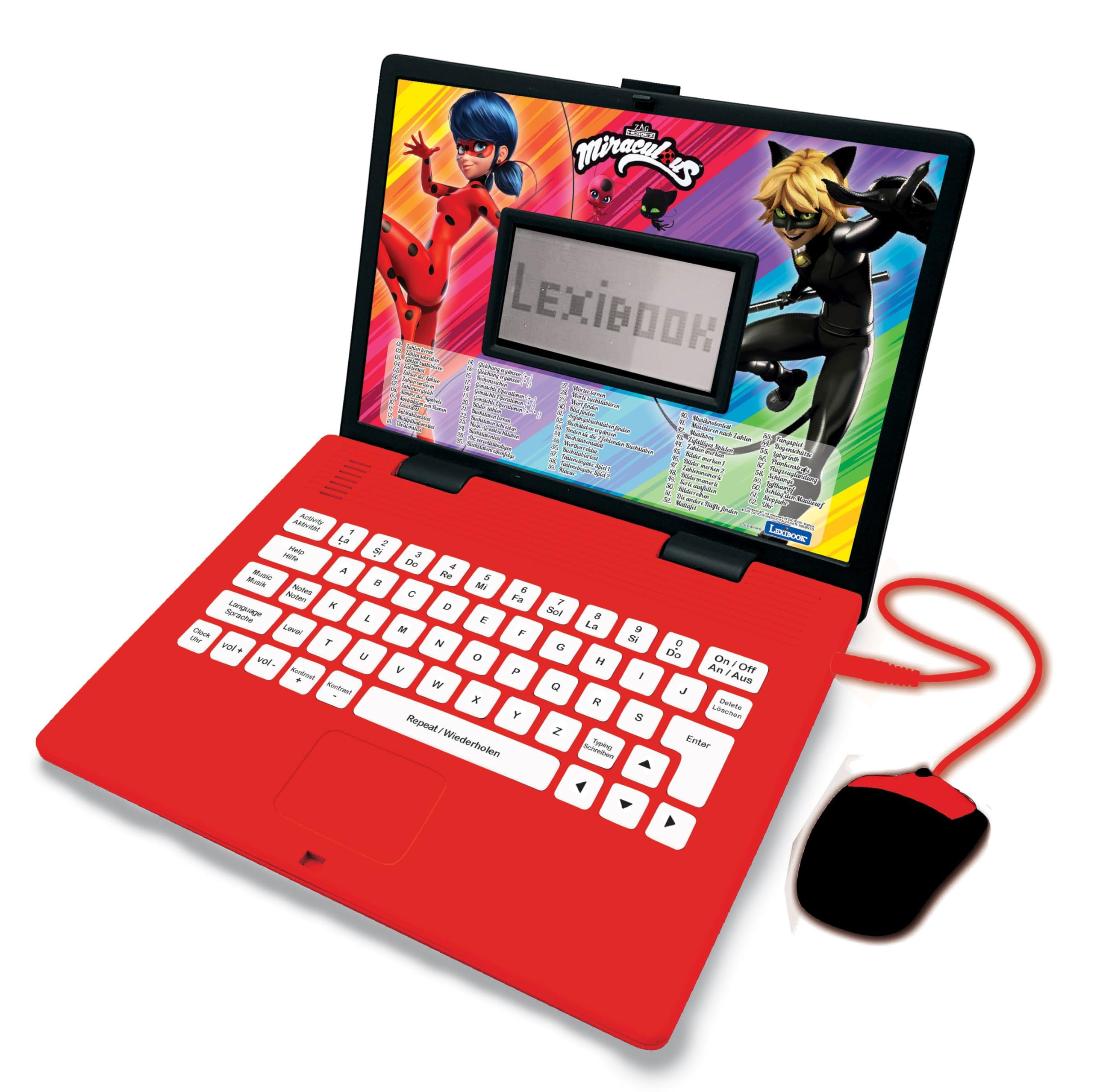 Lexibook, Miraculous Ladybug Cat Noir, Educational and Bilingual Laptop German/English, Toy for Child Kid (Boys & Girls), 124 Activities to learn, Play Games and Music, Red/Black, JC598MIi3LXB