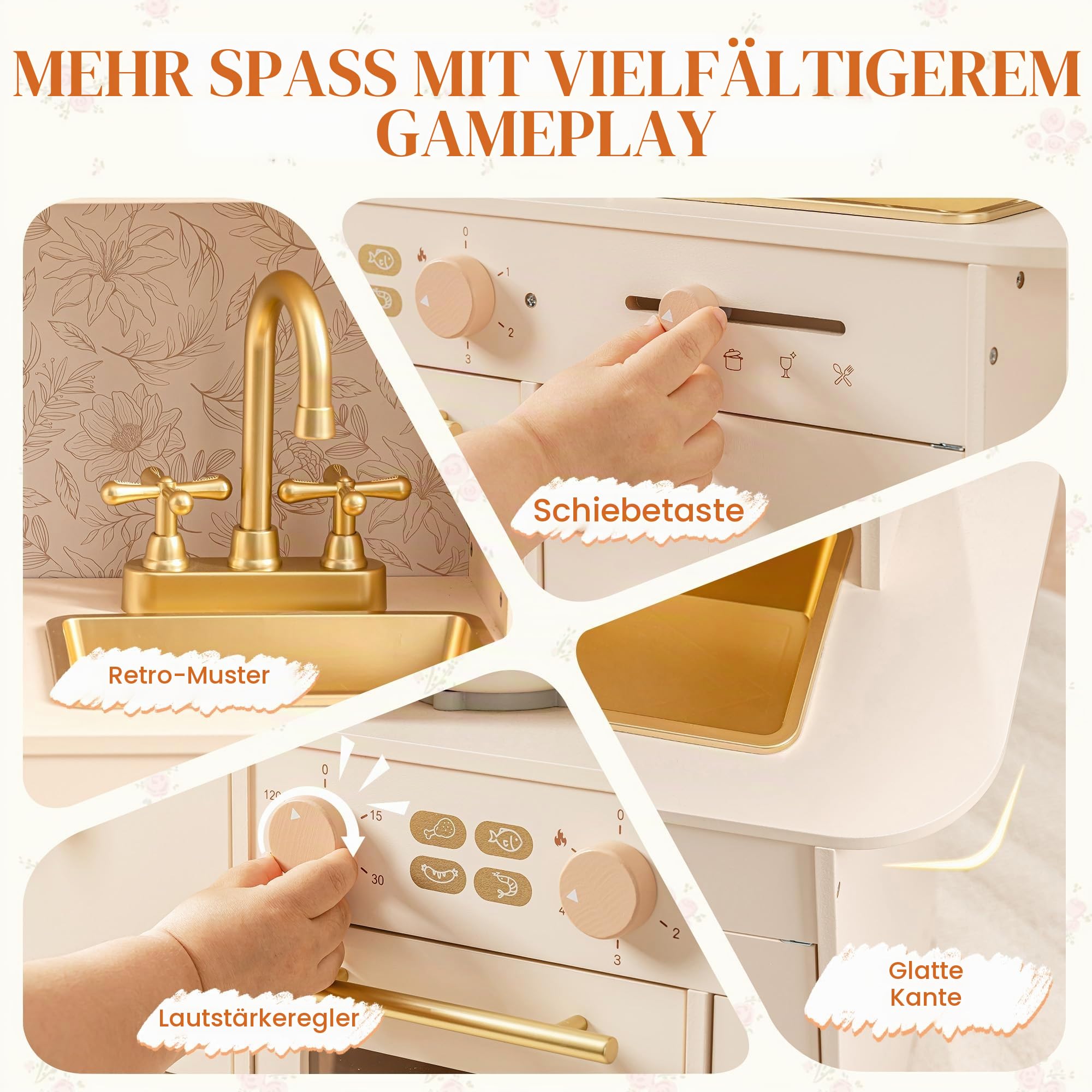 ROBUD Kinderküche aus Holz, Spielküche für Kinder mit 17 realistischen Zubehörteilen, Küchenspielzeug mit Mikrowelle, Backofen, Spüle und Eismaschine, Geschenk für Mädchen und Jungen ab 3 Jahren