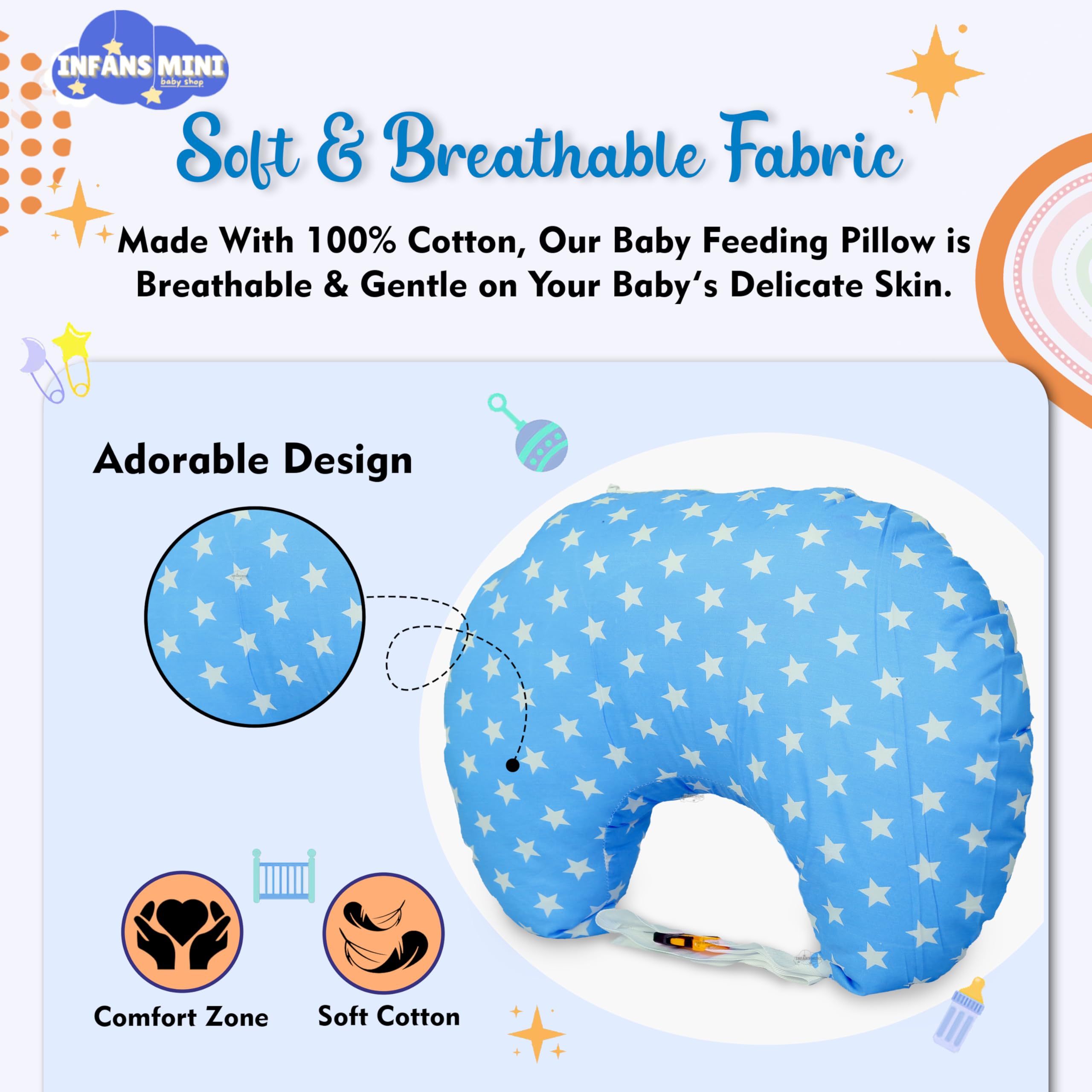 Infans Mini Baby Feeding Pillow Cotton|Maternity Feeding Pillow Portable & Adjustable|Nursing Pillow for Mother and New Born Baby (Star Blue) 3