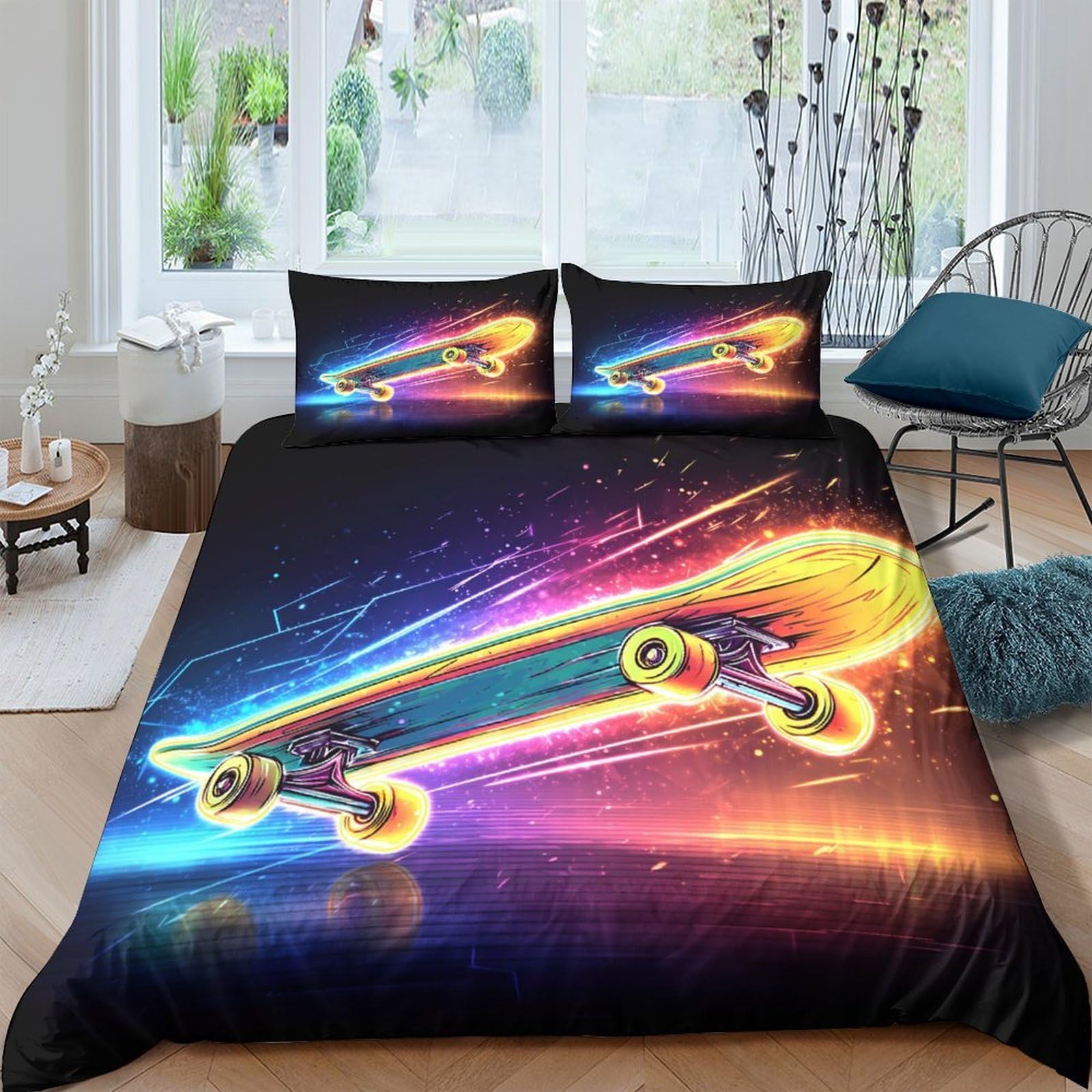 XFKLYNVCJ 3D Printed skateboard motion Quilt Cover Polyester vibrant neon style Comforter Cover Soft Breathable No Iron for Student Dormitory University Accommodation Use Super king（260x220cm）