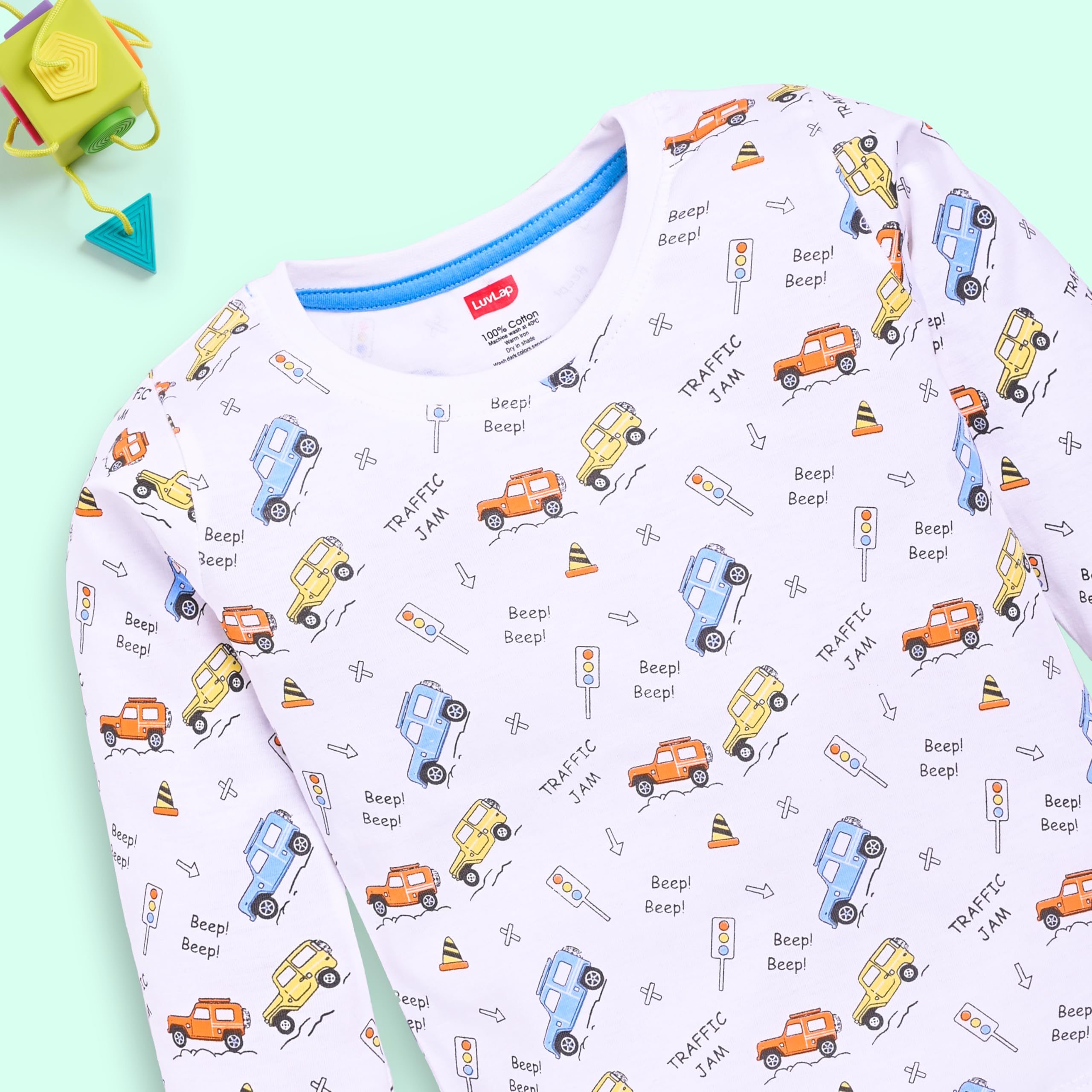 LuvLap Baby Boys 100% Cotton Full Sleeve Boys T-Shirt & Pyjama Sets, Pack Of 03 Powder Blue, White, Saffron 3 to 6 months - Image 5 thumbnail
