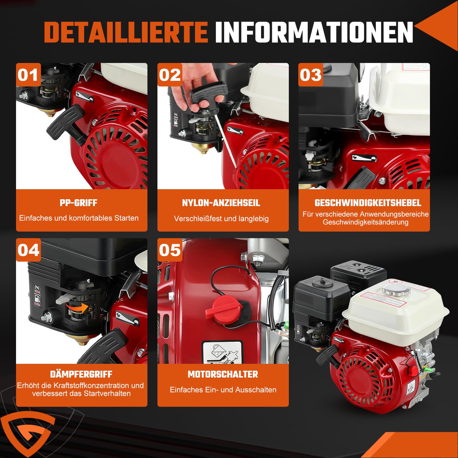 7 PS Benzinmotor Standmotor Kartmotor Antriebsmotor mit 20 mm Ø Welle, Ölmangelsicherung, 4-Takt, 1 Zylinder Benzin Motor, 212 ccm Hubraum, luftgekühlt, Seilzugstart