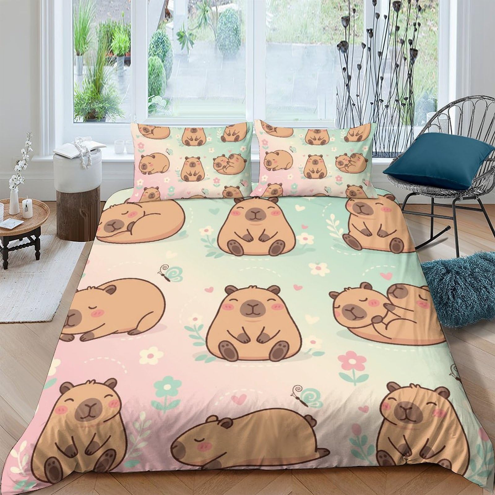 Ctjqhvkz Style-10 3D Printed Cute Capybara Fitted Sheet Microfiber Pastel Cartoon Animal Mattress Cover Bedroom Decor Single（135X200cm）