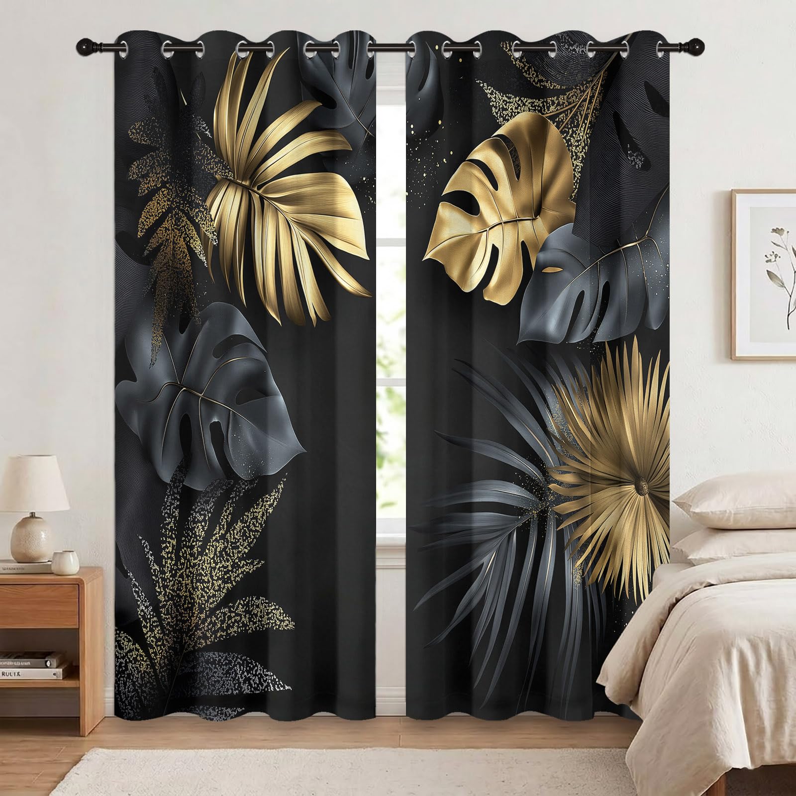 Rideau Occultant 3D Impression Feuilles Tropicales Modernes Et Élégantes Rideaux Salon Isolant Anti Froid Polyester 91.5L X 214H cm (2 Panneaux) Rideaux De pour Chambre Cuisine Décoration Noir Or