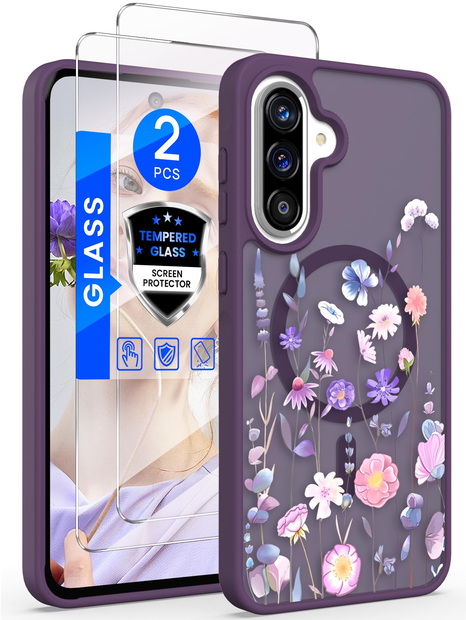 for Samsung Galaxy A37 5G Case with 2X Tempered Glass Screen Protectors, Military Grade Magnetic Translucent Matte Girls Women Flower Pattern Protective Cover for Galaxy A37 (Deep Purple)