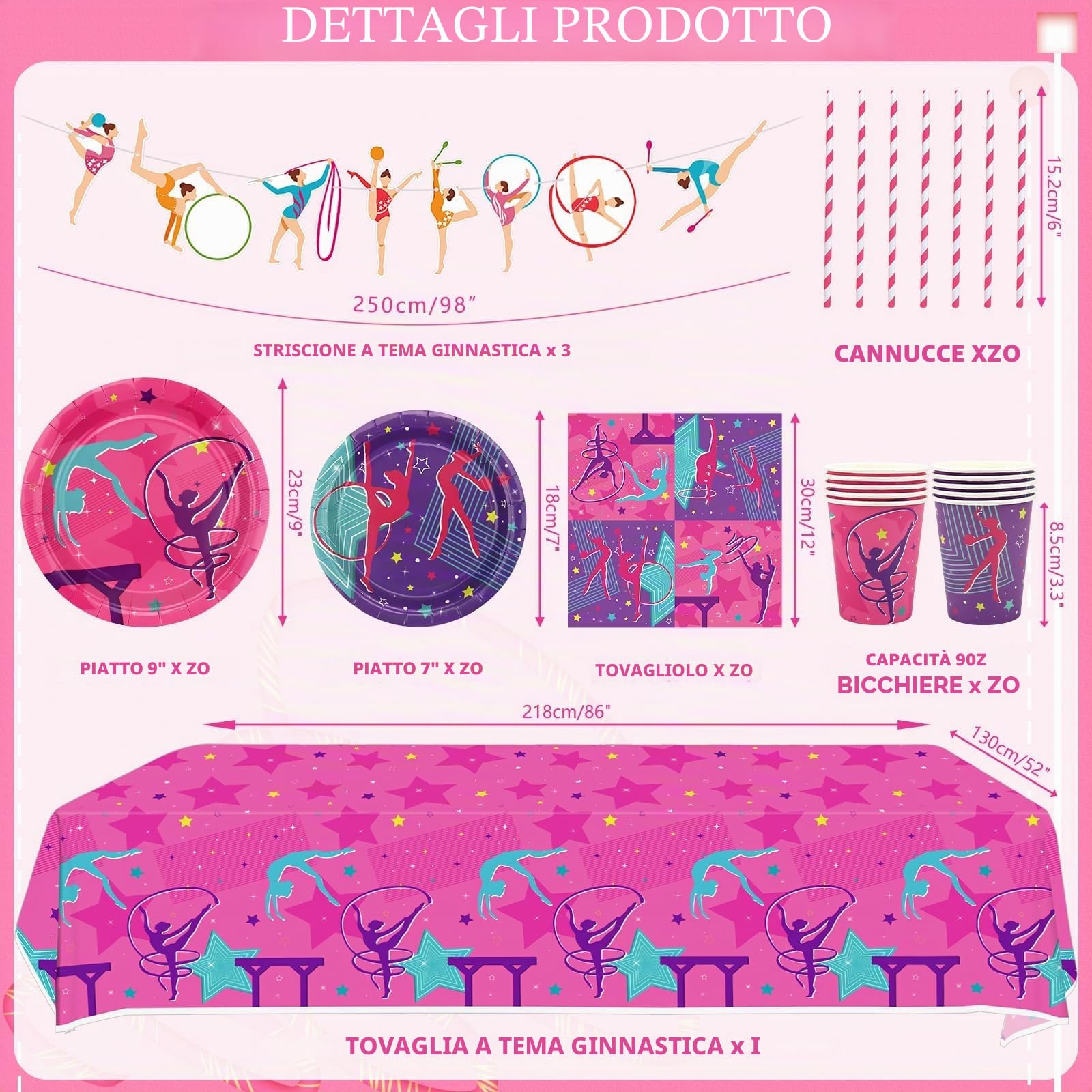 20 decorazioni per feste di compleanno e ginnastica, accessori per la vostra piccola ginnastica da danza con striscione con motivo ginnico, tovaglia, piatti, tovaglioli, stoviglie, palloncini