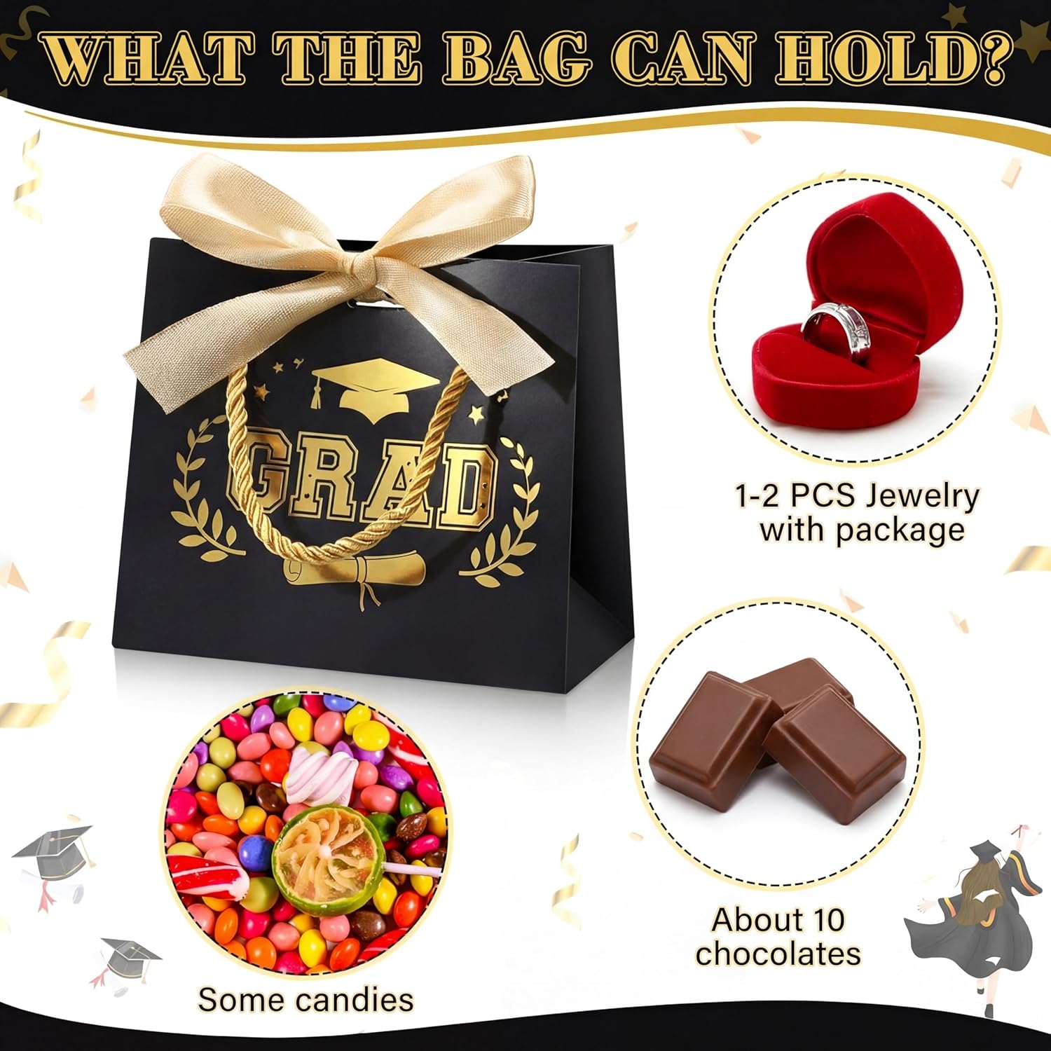 Pasimy 48 Pcs Graduation Bags with Handles Bow Ribbon Small Graduation Favor Bags Congrats Grad Treat Bags Class of 2026 Grad Paper Gift Bag for Primary Middle School Graduation Party Supplies(Black)