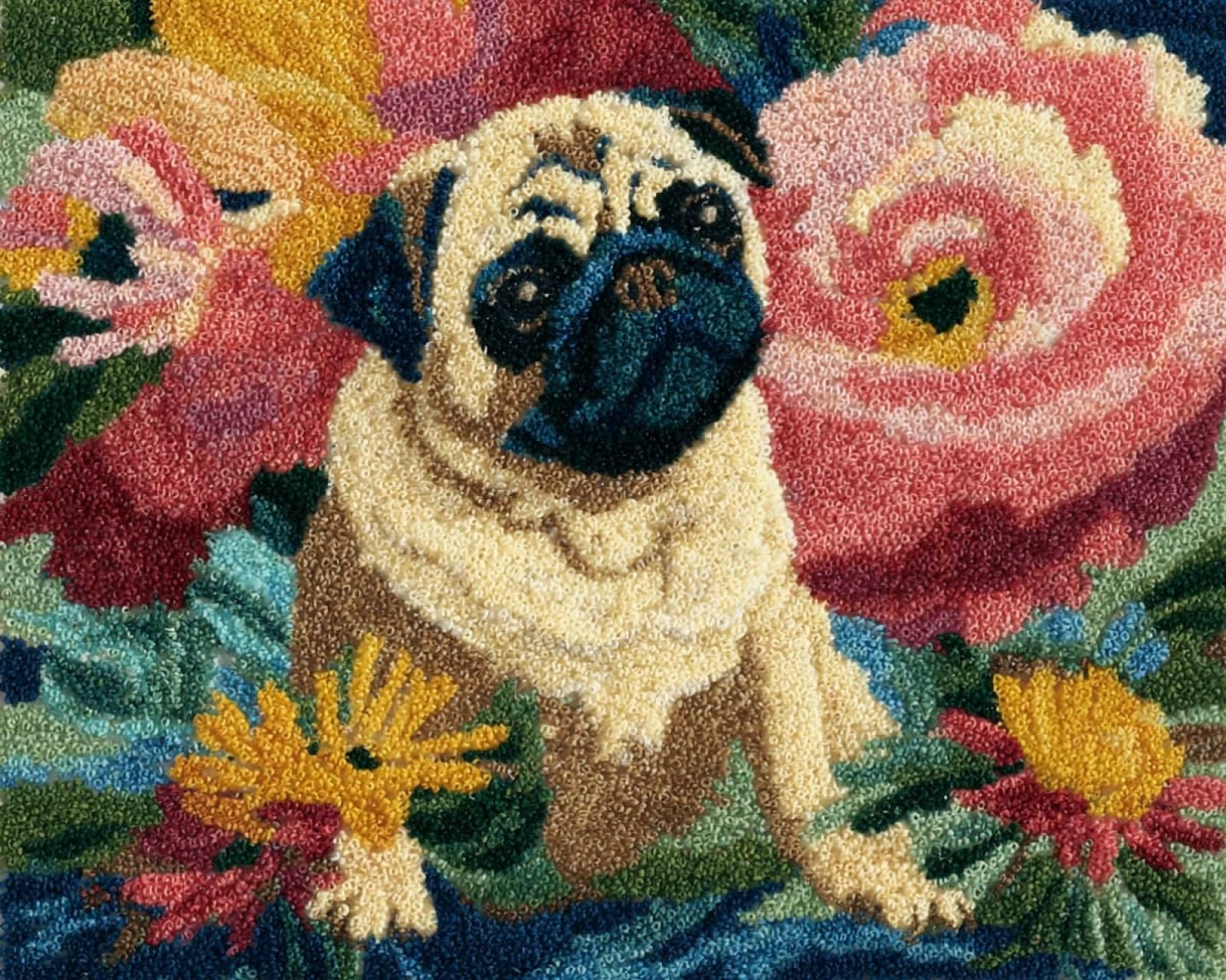 Wallphantom Latch Hook Kits for Adults Rug,Pugs and Flowers,Latch Hook Kits DIY Crochet Handcraft Rug Hooking Kit for Kids and Adults,55x75cm