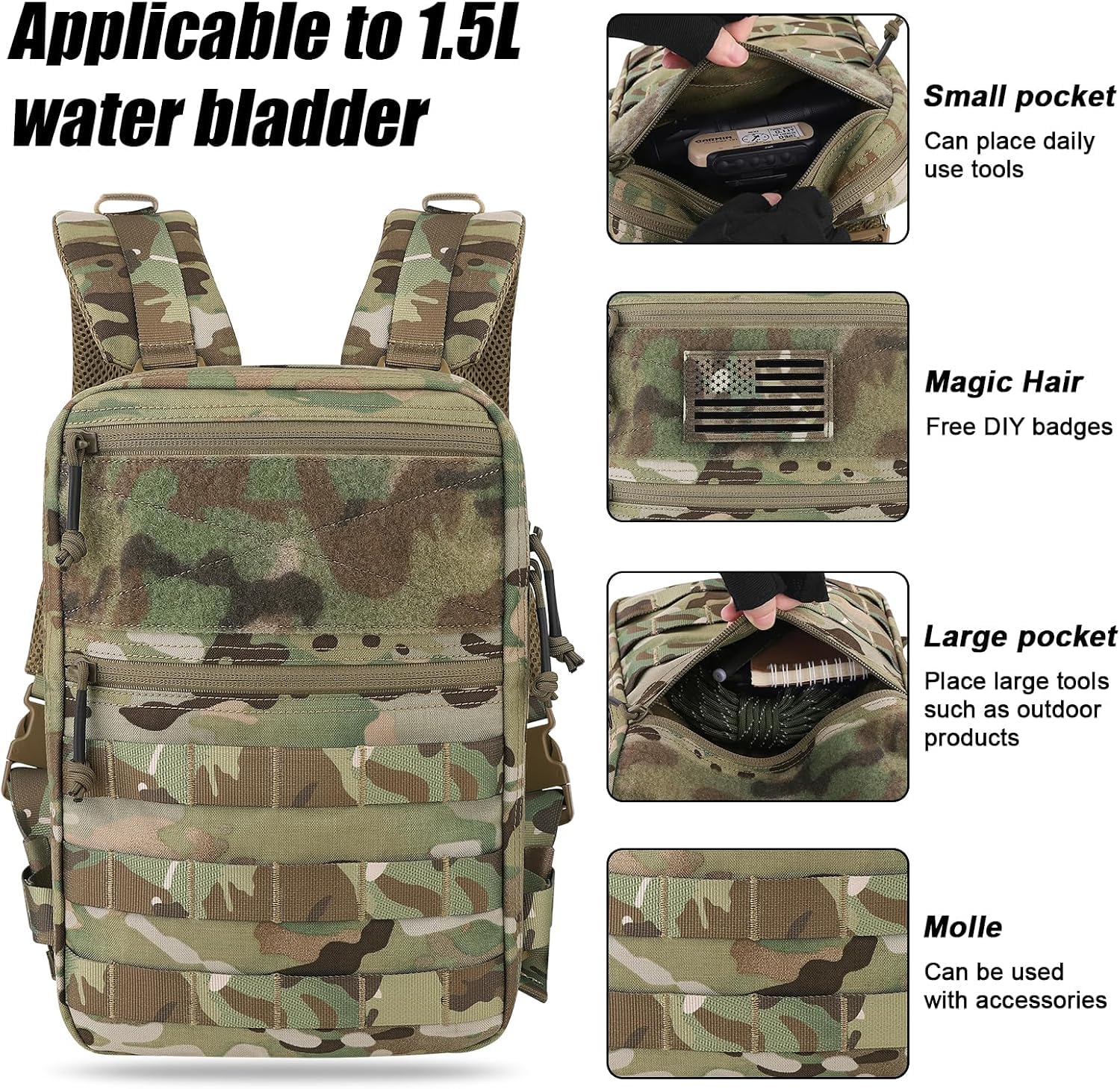 PETAC GEAR Tactical Molle - Paquete de hidratación para 1,5 L, bolsa ligera de depósito de agua para chaleco Molle, mochila para senderismo, caza (sin vejiga)