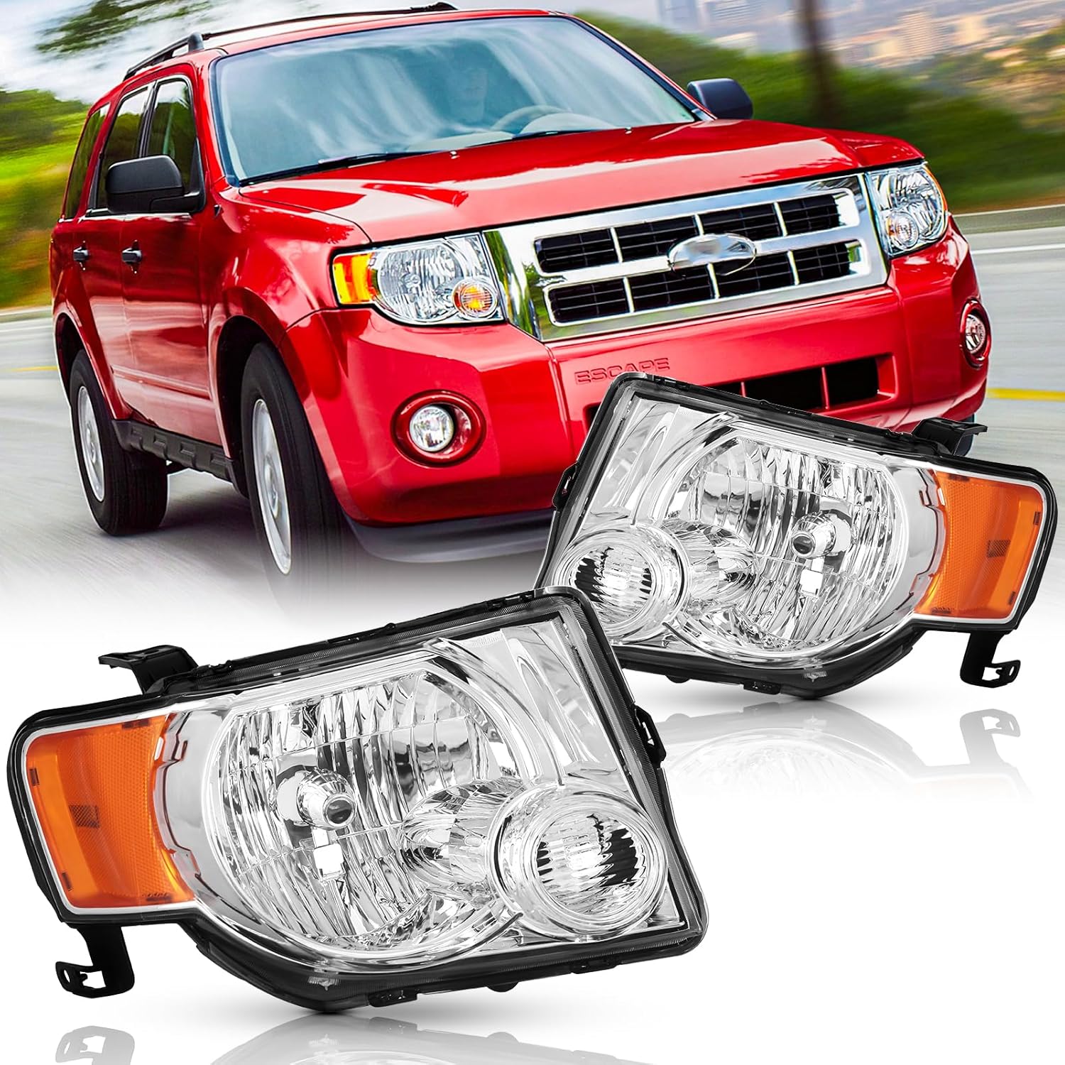 Headlights Assembly for 2008 2009 2010 2011 2012 Ford Escape (2nd Gen) XLS XLT Limited Halogen Headlamps Replacement Driver and Passenger Side Pair (LH RH), Chrome Housing Amber Reflector 08-12-Chrome