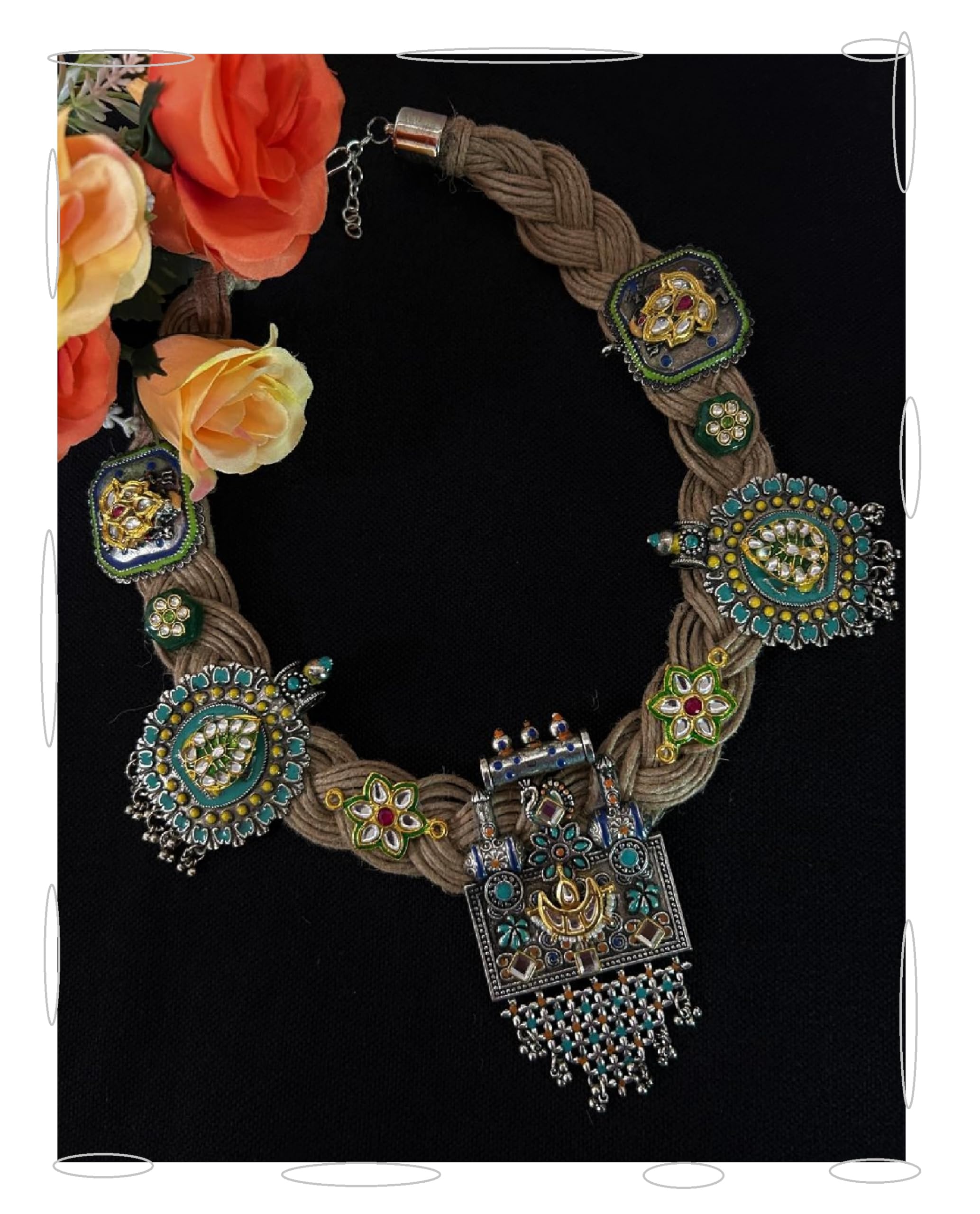 Ethnic Designer Jute Thread Oxidised Silver Antique Kundan Stone Traditional Necklace Choker Jewelry Women (B0D91Y484K) Amazon Price History, Amazon Price Tracker