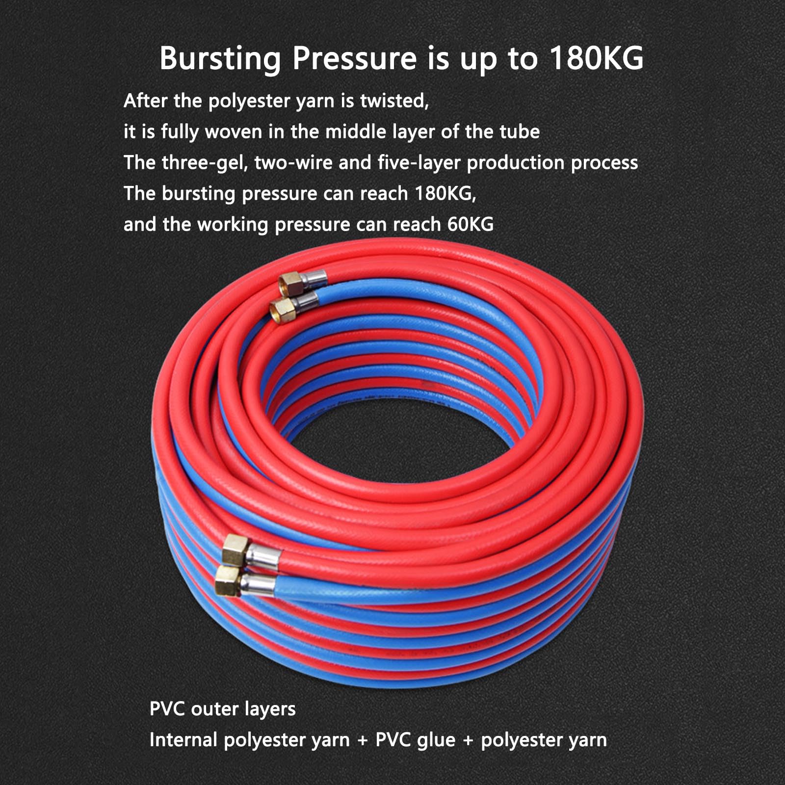 Set di tubi doppi per ossigeno, acetilene, tubo da 8 mm per saldatura e taglio ad alta pressione con connettori in ottone M16, tubo flessibile ignifugo da 50 m