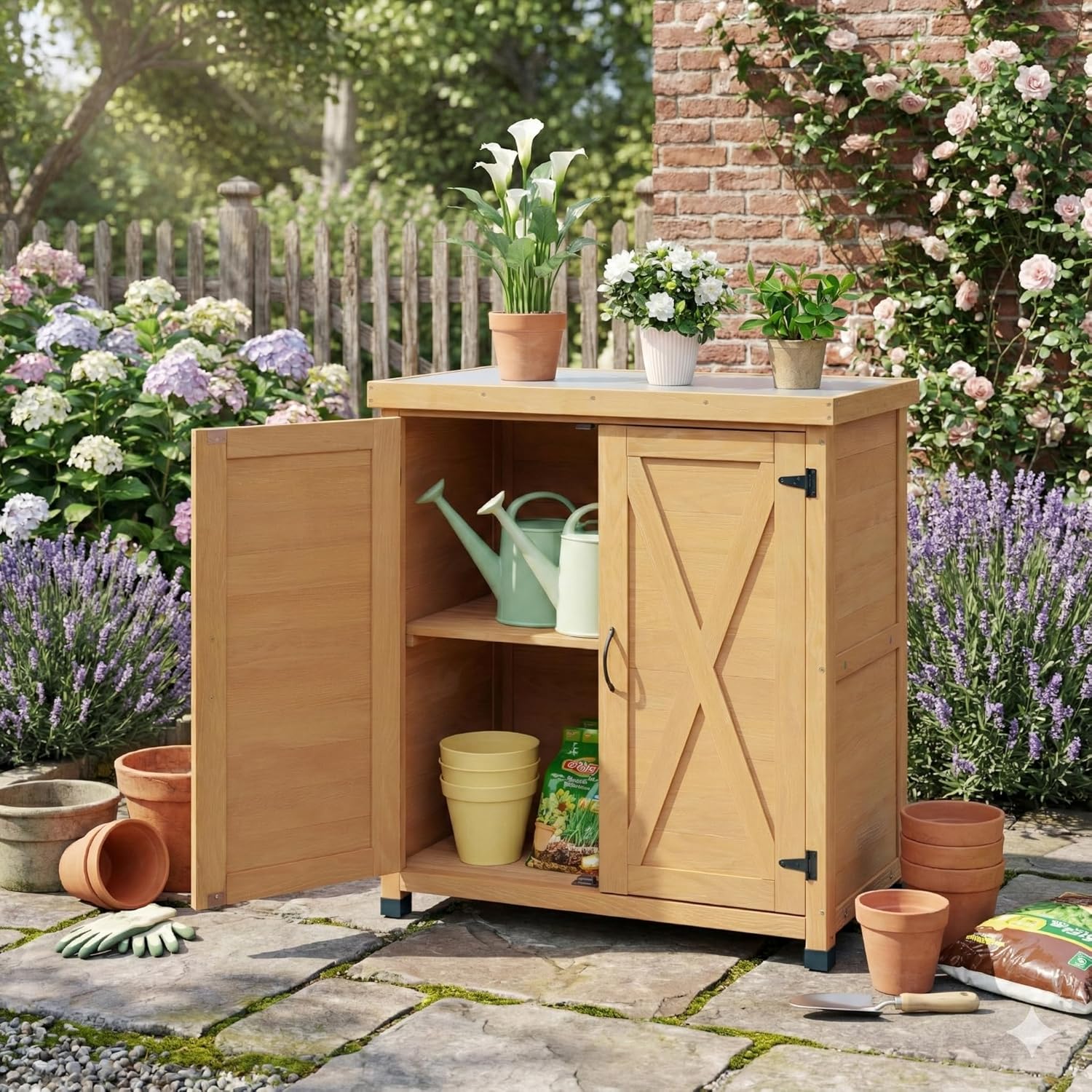 Potting Bench with Storage Cabinet and Metal Table Top for Outdoor Patio,Outdoor Work Station Table