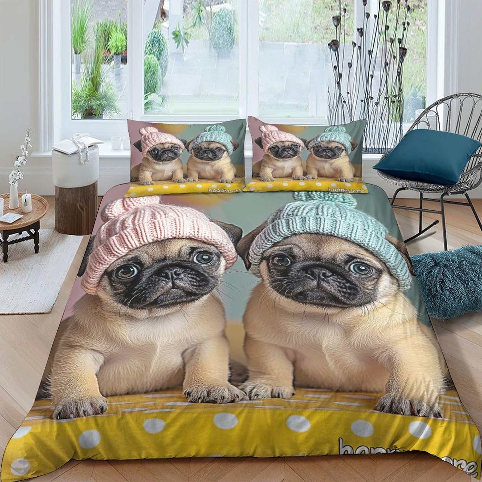 Ctjqhvkz Style-2 3D Printed Cute Pug Fitted Sheet Microfiber Soft Bedroom Decor Cartoon Dog Mattress Cover For Home Guest Room Dorm Single（135X200cm）