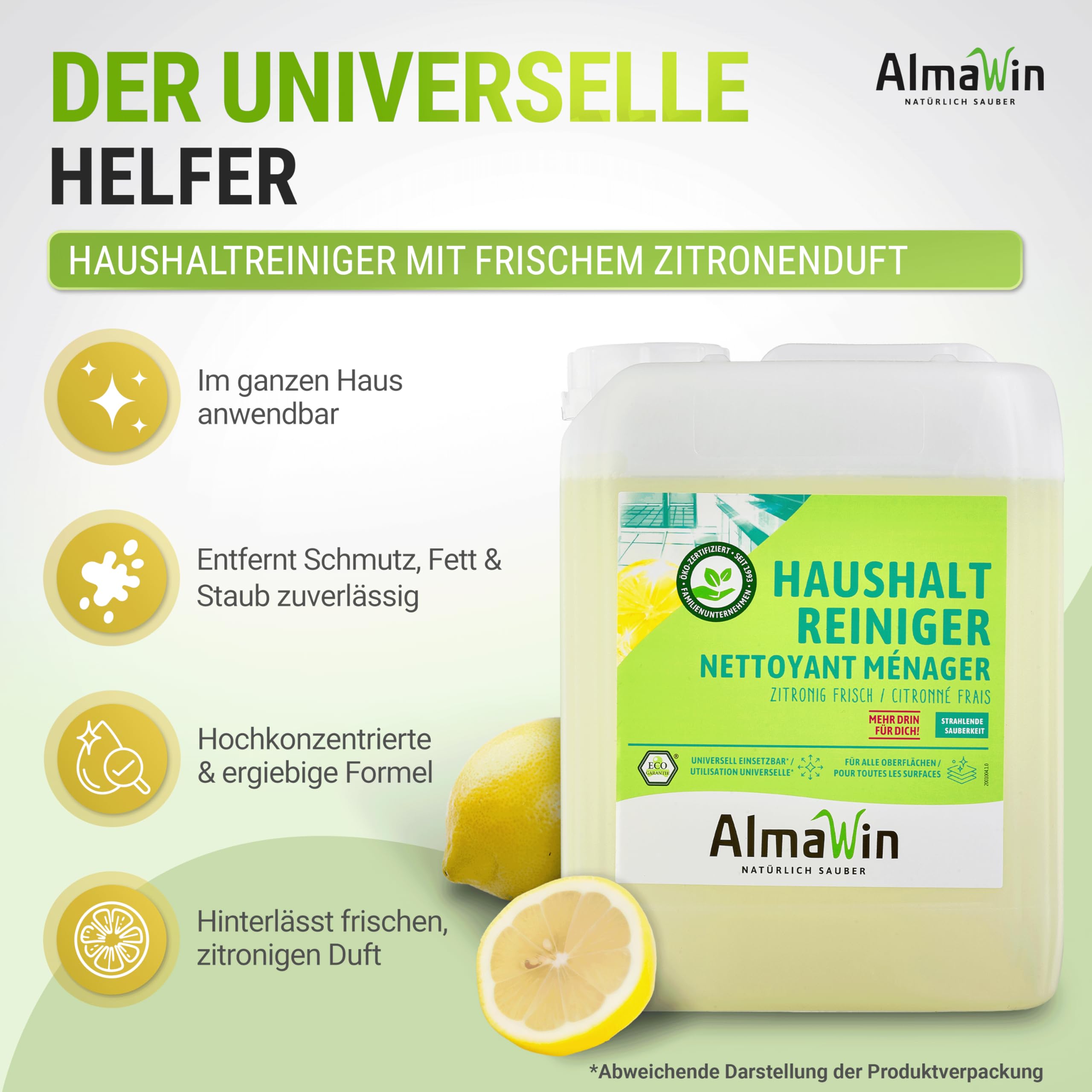 AlmaWin® Haushalt Reiniger [20L] zur Reinigung & Pflege wasserfester Oberflächen - Allzweckreiniger mit Zitronenduft - Universal Reiniger Konzentrat - Entfernt Schmutz, Fett & Staub - Bio & VEGAN