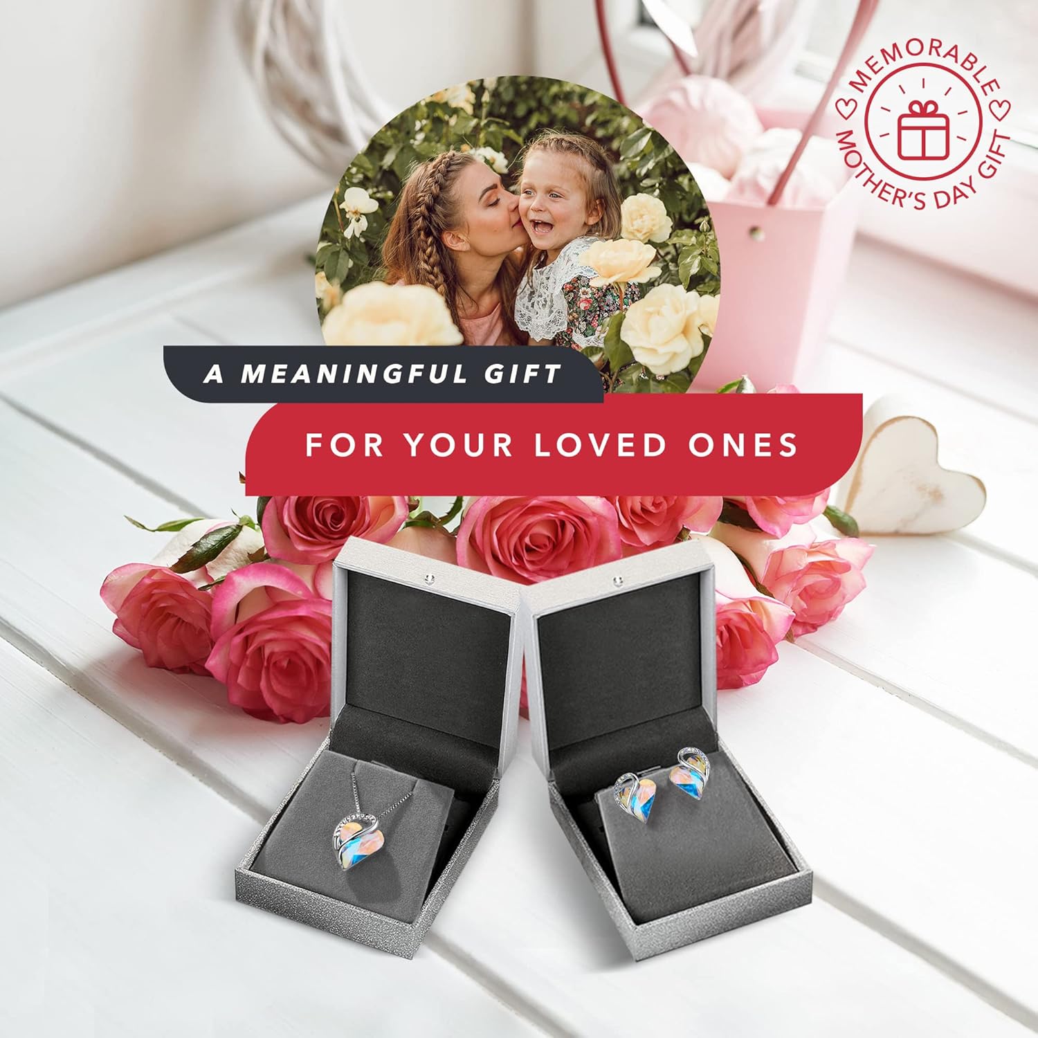 Leafael Infinity Love Heart Necklace and Stud Earrings for Women, April Birthstone Crystal Jewelry, Silver Tone Bundle Gifts for Women, Rainbow Opal White - Image 7