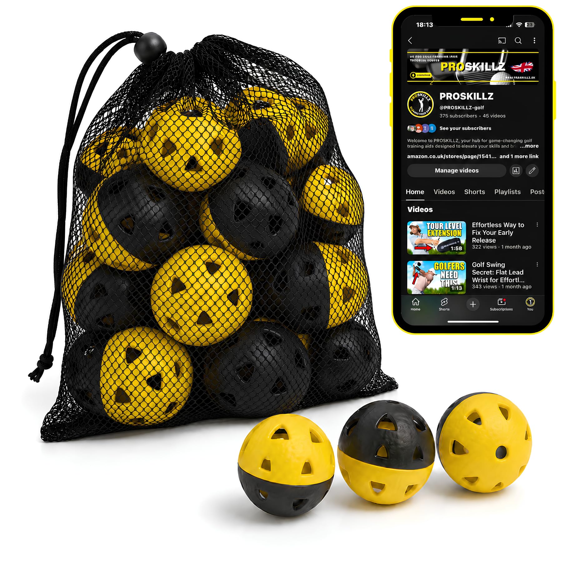 PROSKILLZ® FLIGHTSYNC™ Golf Practice Air Balls – 16 Pack Lightweight Airflow Training Balls for Indoor & Outdoor Practice