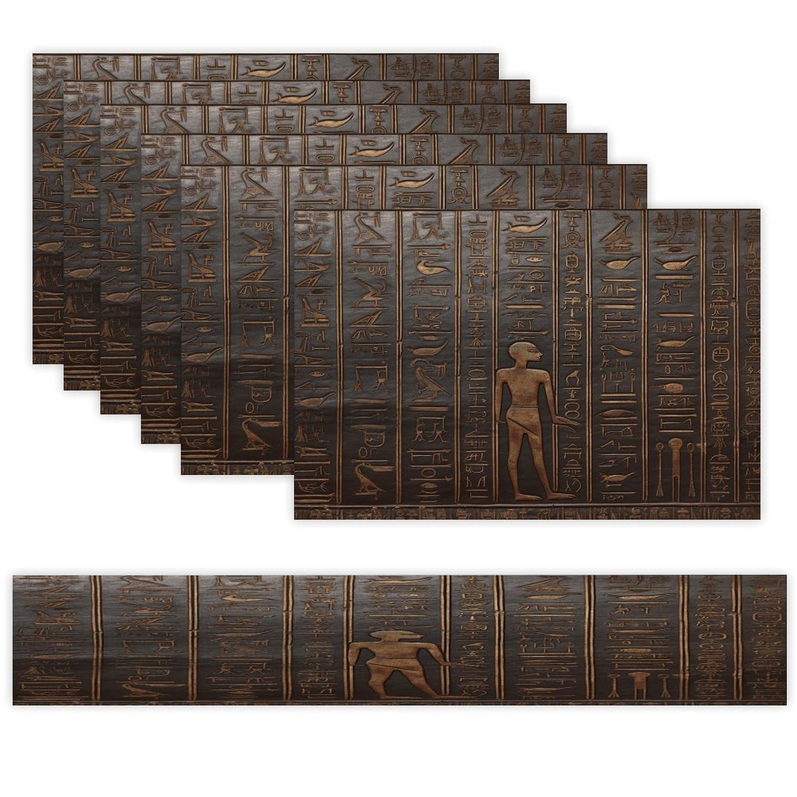 Ancient Egyptian Hieroglyph Table Runner and Placemats Set of 6 Wipe Clean Heat Resistant Table Mat with Table Runner Decorations Flax Linen Place Mat Set for Home Kitchen Party Supplies