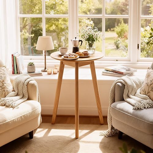 Miniatura 17 de Mesa auxiliar redonda 100% roble macizo, mesa pequeña con marco estable, mesa auxiliar redonda, mesa auxiliar pequeña para sala de estar,