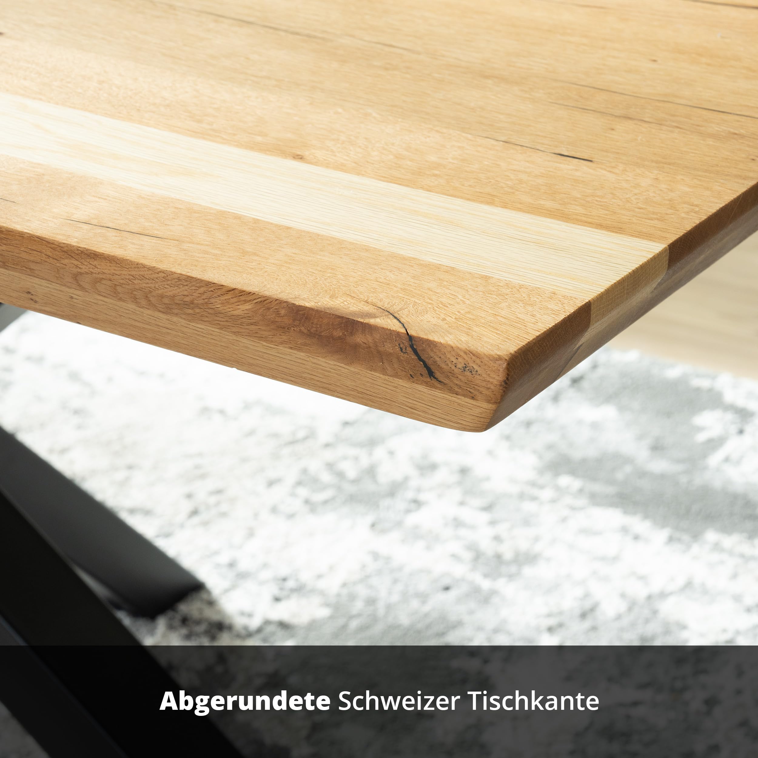 KHG Esstisch 160 x 90 cm Küchentisch aus massiver Eiche geölt - Schweizer Kante, Sterngestell Metall schwarz, Industrial Design, Tisch für 6-8 Personen, belastbar bis 50 kg