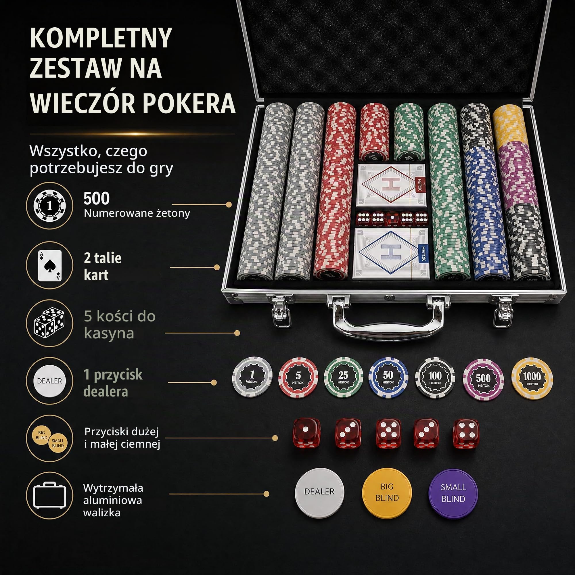 HEITOK Zestaw Pokerowy 500 Żetonów 11,5g Nominały Texas Holdem