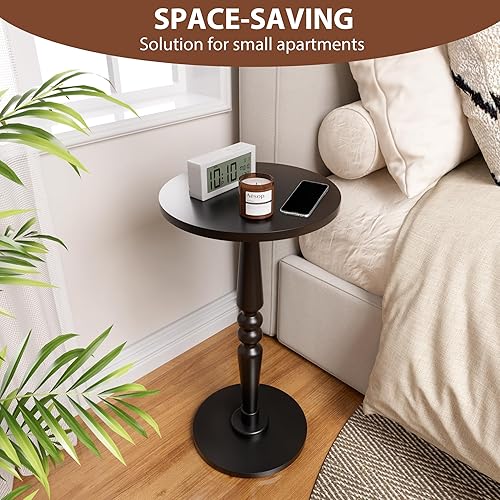 Miniatura 4 de Mesa auxiliar redonda para sala de estar, dormitorio, mesita de noche pequeña con parte superior de madera maciza y pata de pedestal, mesa moderna