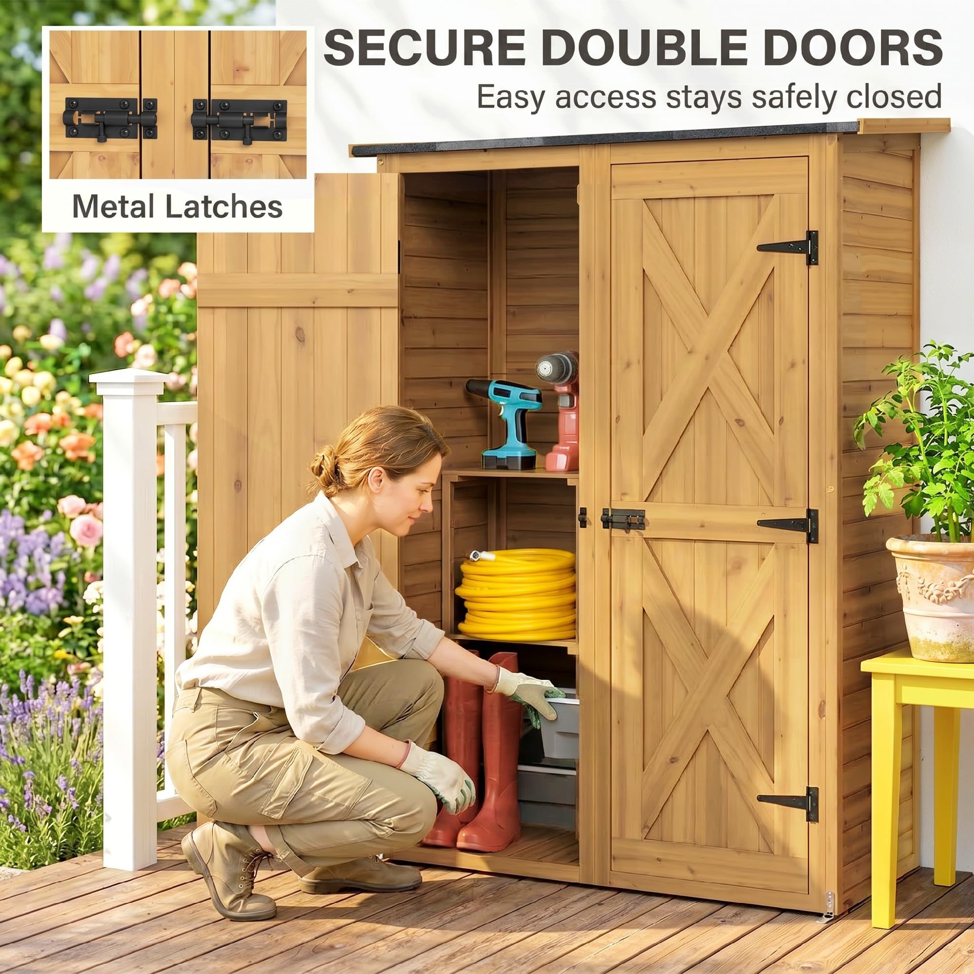Outsunny Armadio da Giardino in Legno di Abete con 2 Ripiani, Casetta Attrezzi Giardino con Doppia Porta e Chiavistelli, Tetto Inclinato, Capanno Porta Attrezzi per Esterno 115x53x156 cm Marrone