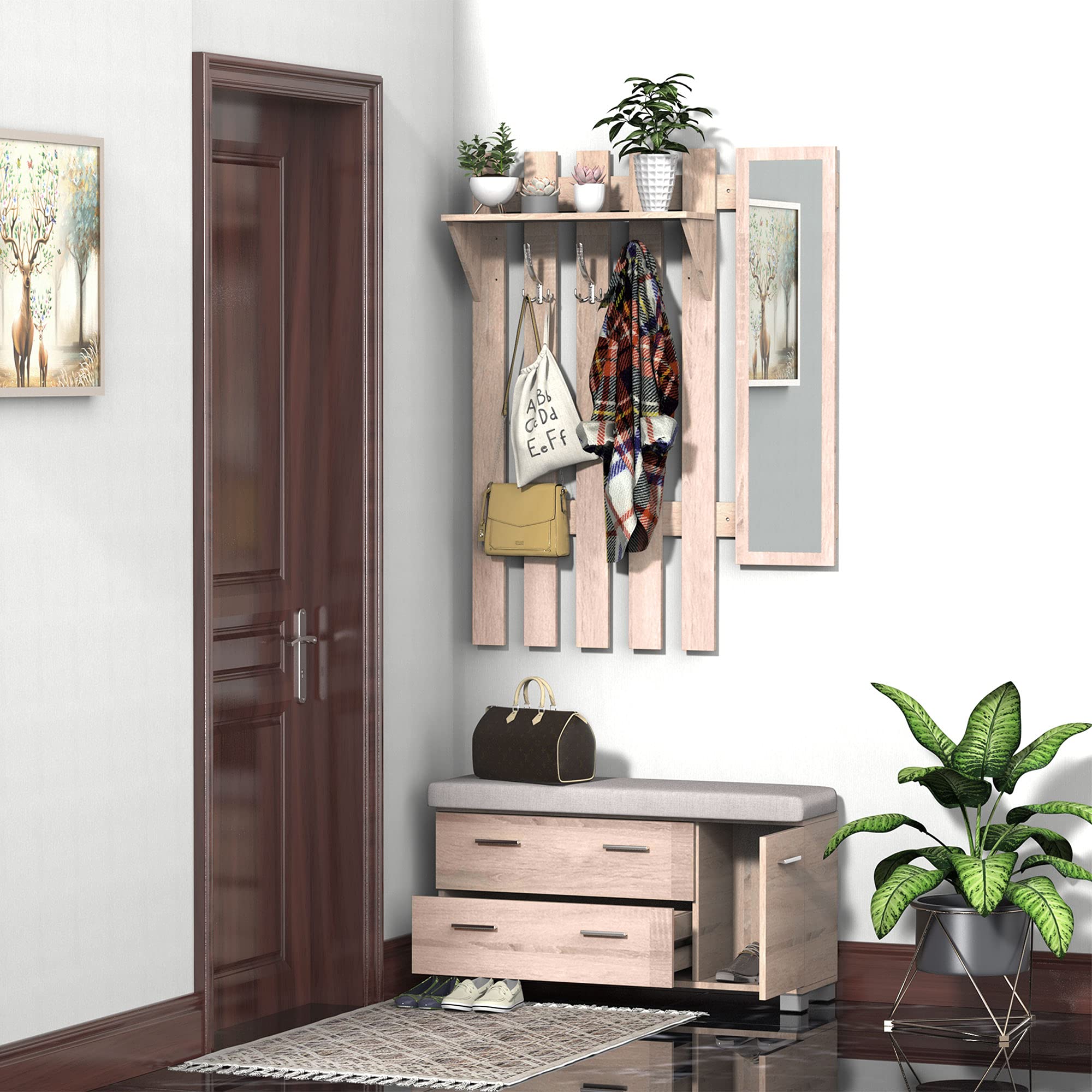 HOMCOM Set Arredo Guardaroba 3 in 1 con Specchio e Scarpiera da Ingresso Pannello Truciolare 90 x 21.5 x 116cm Quercia