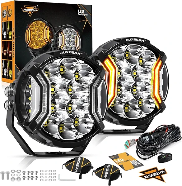 Auxbeam 5In V-Ultra Series 172W LED Light Pods, Offroad Round Driving Light with Amber DRL, 270° Wide Range Super Bright Side Shooter White Hyper Spot Beam Universal Lights with Black Cover-2PCS