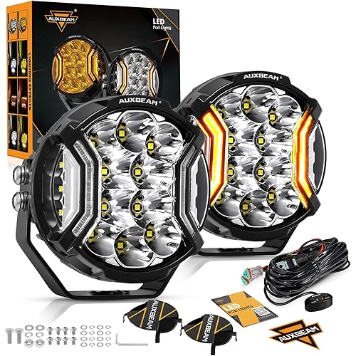 Auxbeam 5In V-Ultra Series 172W LED Light Pods, Offroad Round Driving Light with Amber DRL, 270° Wide Range Super Bright Side Shooter White Hyper Spot Beam Universal Lights with Black Cover-2PCS