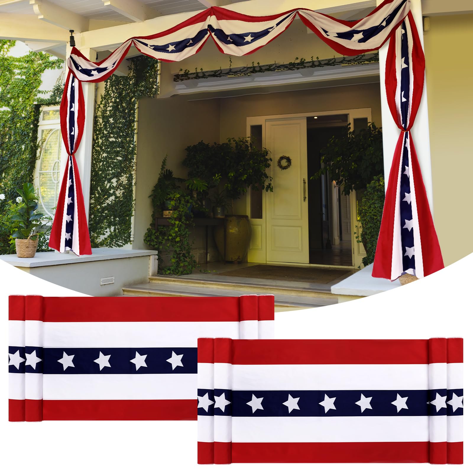 Remagr 2 Pack 2.5 x 20 ft Memorial Days Flag Patriotic Bunting American Decorations 4th of July Decor Large Red White Blue USA Flag Banner Veterans