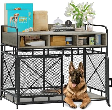 LEMBERI Dog Crate Furniture Large Breed,Wodeen Large Dog Kennel Indoor End Table,Heavy Duty Dog Crate,Decorative Pet Crate Dog Cage Gray