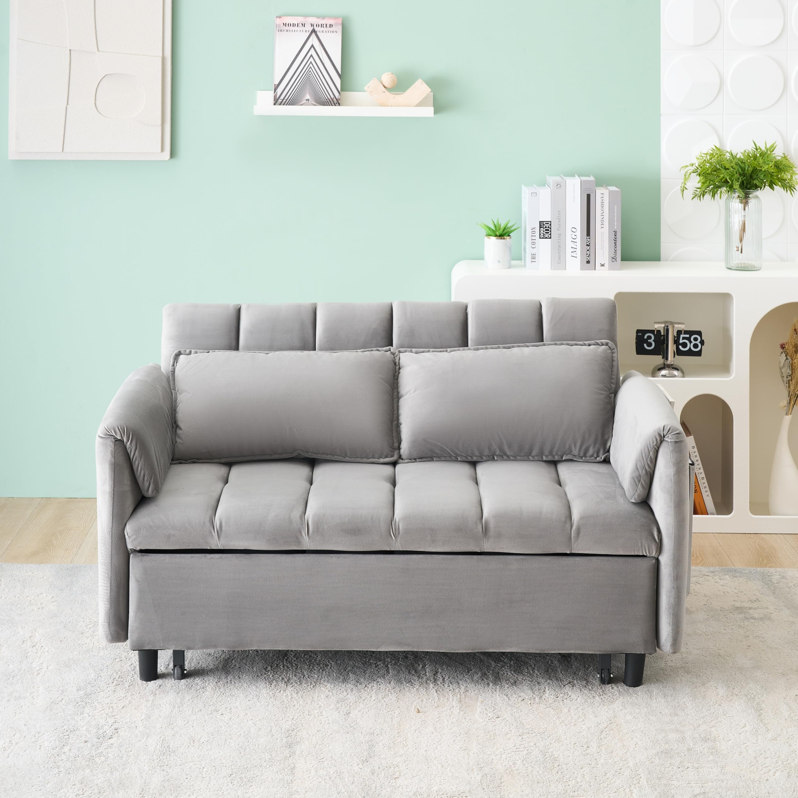 52" Grey Modern Velvet Sofa Bed - 3-in-1 Pullout Sleeper Sofa with Back & Pillows, Convertible Love Seat with Storage Pockets, Small Space Living Room Furniture