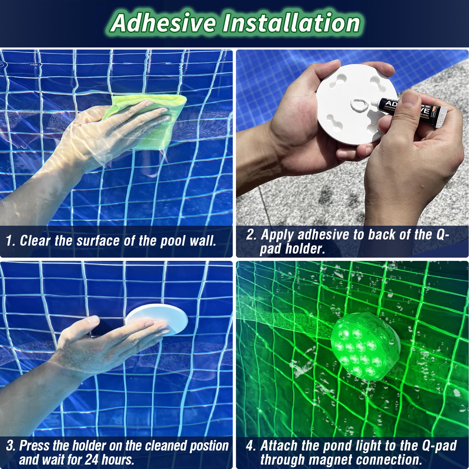 Qoolife 4" 20LED Magnetic Submersible LED Light - Appairage avec la télécommande, contrôle par groupes, lampes de piscine submersibles rechargeables et étanches (2 paquet)