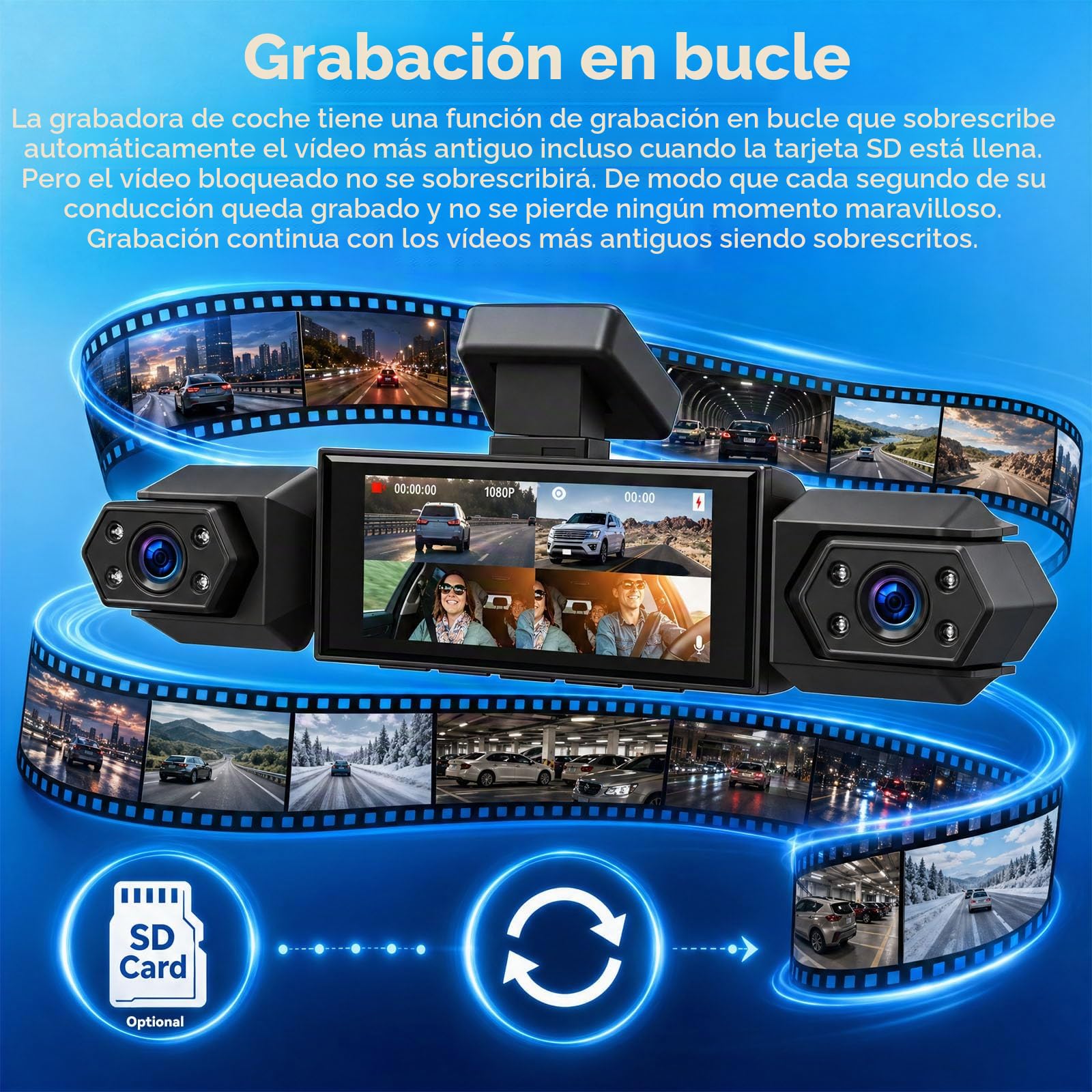 Cámara de Salpicadero 4 Canales 1080p Pantalla IPS 3,16 pulgadas 4 Cámaras para Visión Envolvente de 360° Grabación en Bucle Detección Movimiento Visión Nocturna Asistencia Marcha Atrás DVR para coche
