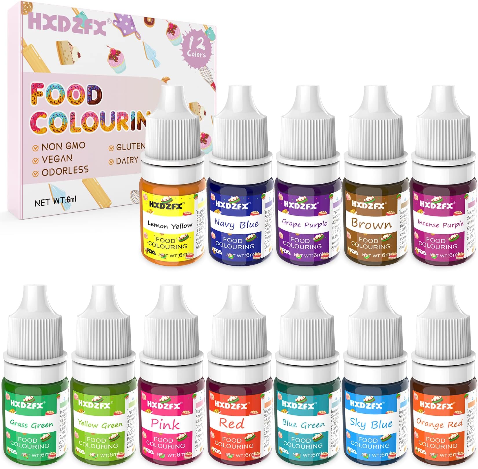 Food Colouring - 12 Colours x 6ml Food Dye Concentrated Liquid Cake Food Colouring Set