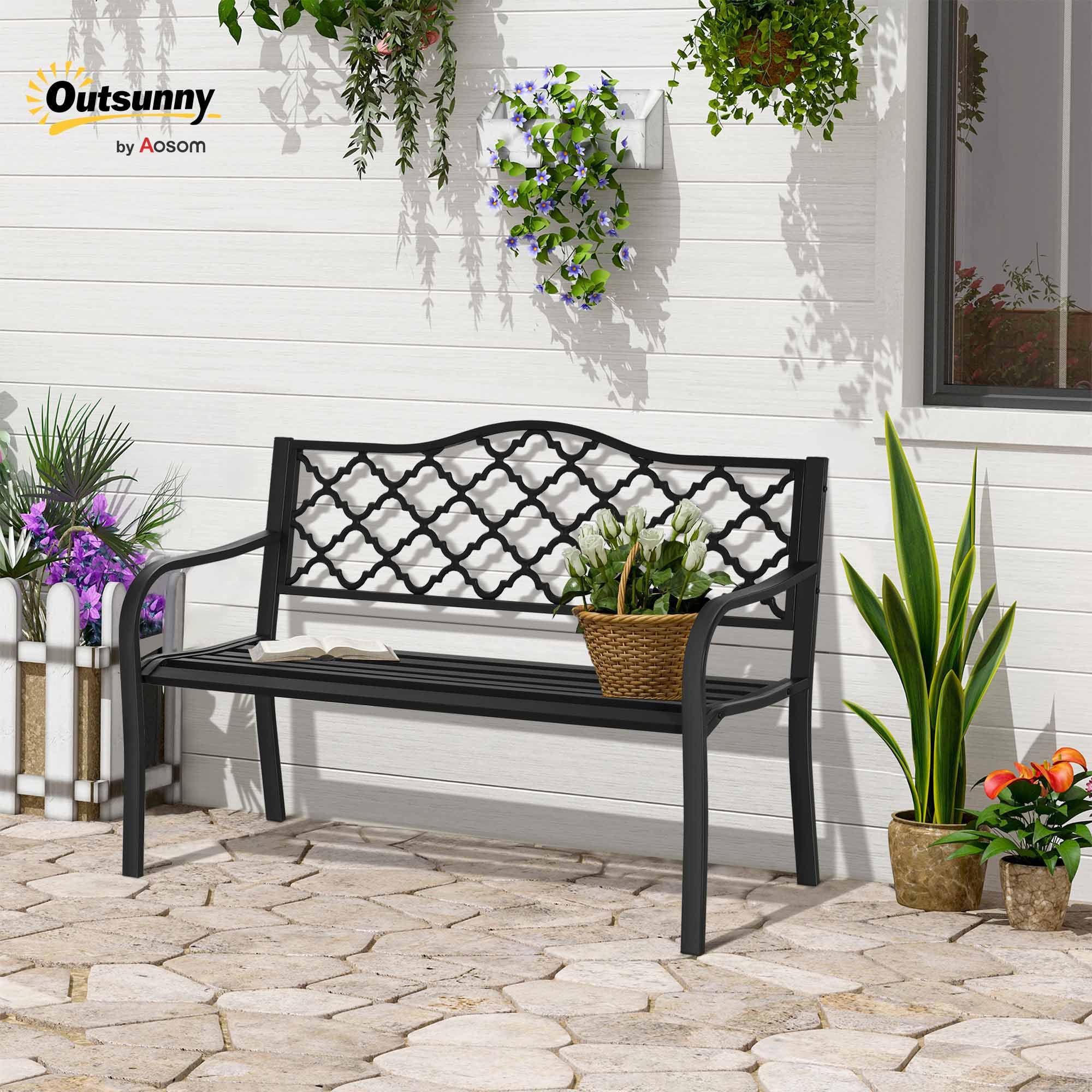 Outsunny Banc de Jardin 2 Places Style Antique 128 x 58,5 x 89 cm Noir | en Fonte, avec Accoudoirs et Dossier, Banquette Extérieure, Balcon Terrasse Patio Véranda Pelouse