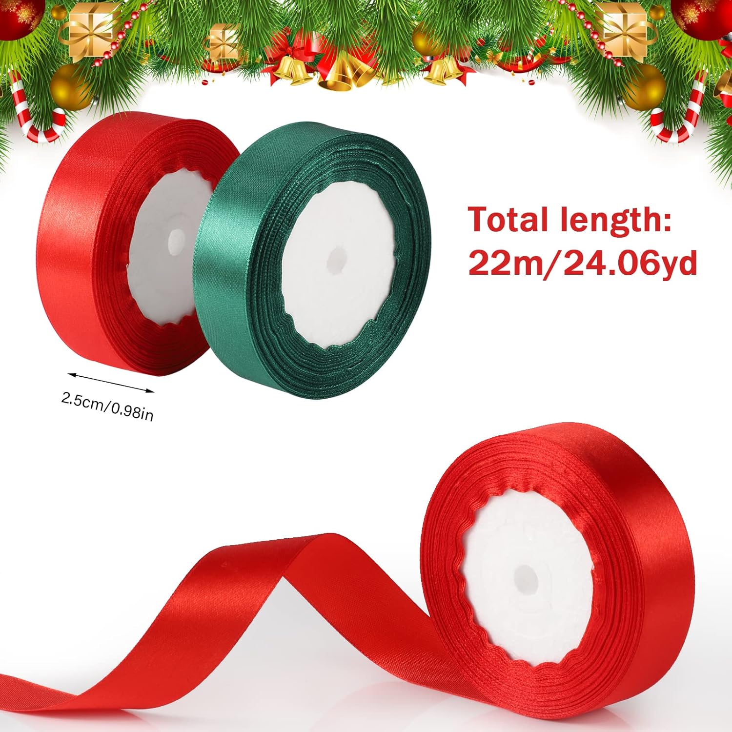 3 Rolls Christmas Ribbon, 1 Inch Wide Satin Ribbon Holiday Ribbon Christmas Craft Ribbons for Gift Wrapping Crafts Decoration, Red Green Golden(75 Yards) : Health & Household