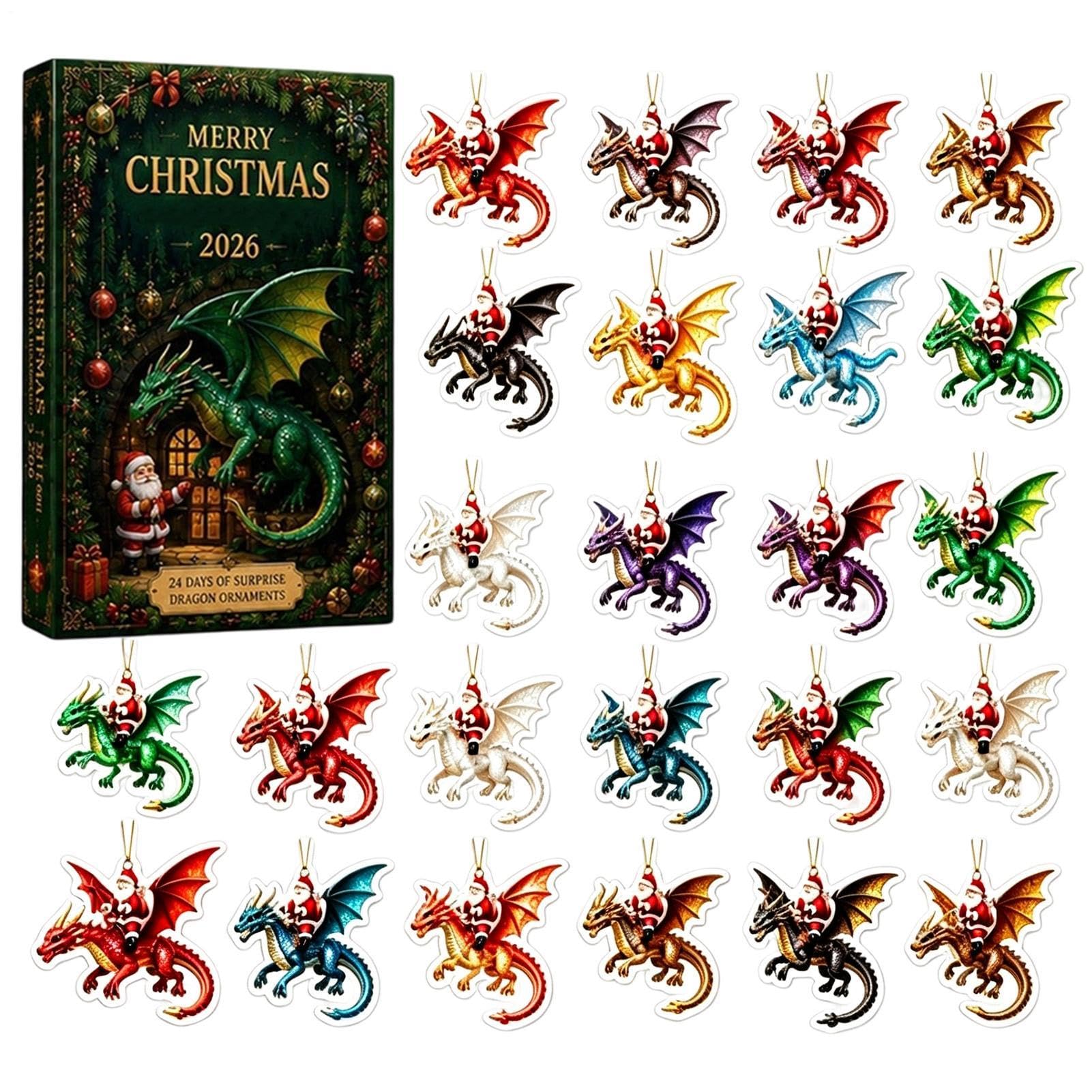 Adventskalender mit Drachen-Ornamenten, 2D, flach, Sammlerstück | Dekoration Weihnachtsmann reitender Drache Ornamente für Kinder Haustierliebhaber Party Türmantel