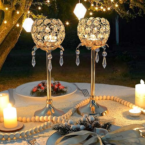 Miniatura 5 de Kehail Juego de 3 candelabros de cristal dorado con forma de flor con cuenco colgante de cristal, portavelas de metal votivo para centros de mesa,