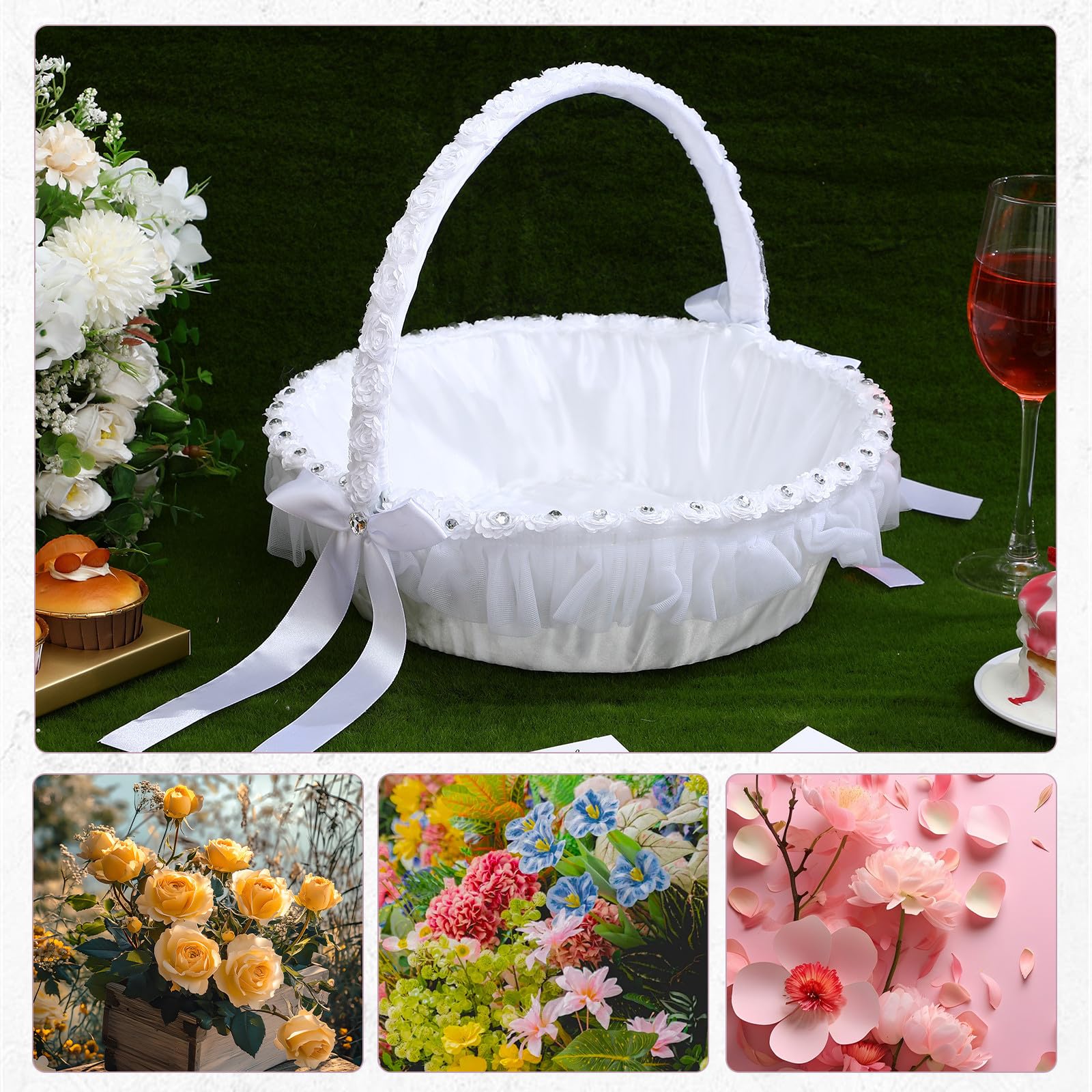 Hochzeitsblumenkorb aus Spitze mit Strass und Polyester, 1 Stück | Weiß, für Party und Hochzeit, Leicht und Wiederverwendbar, Handlich für Kinder