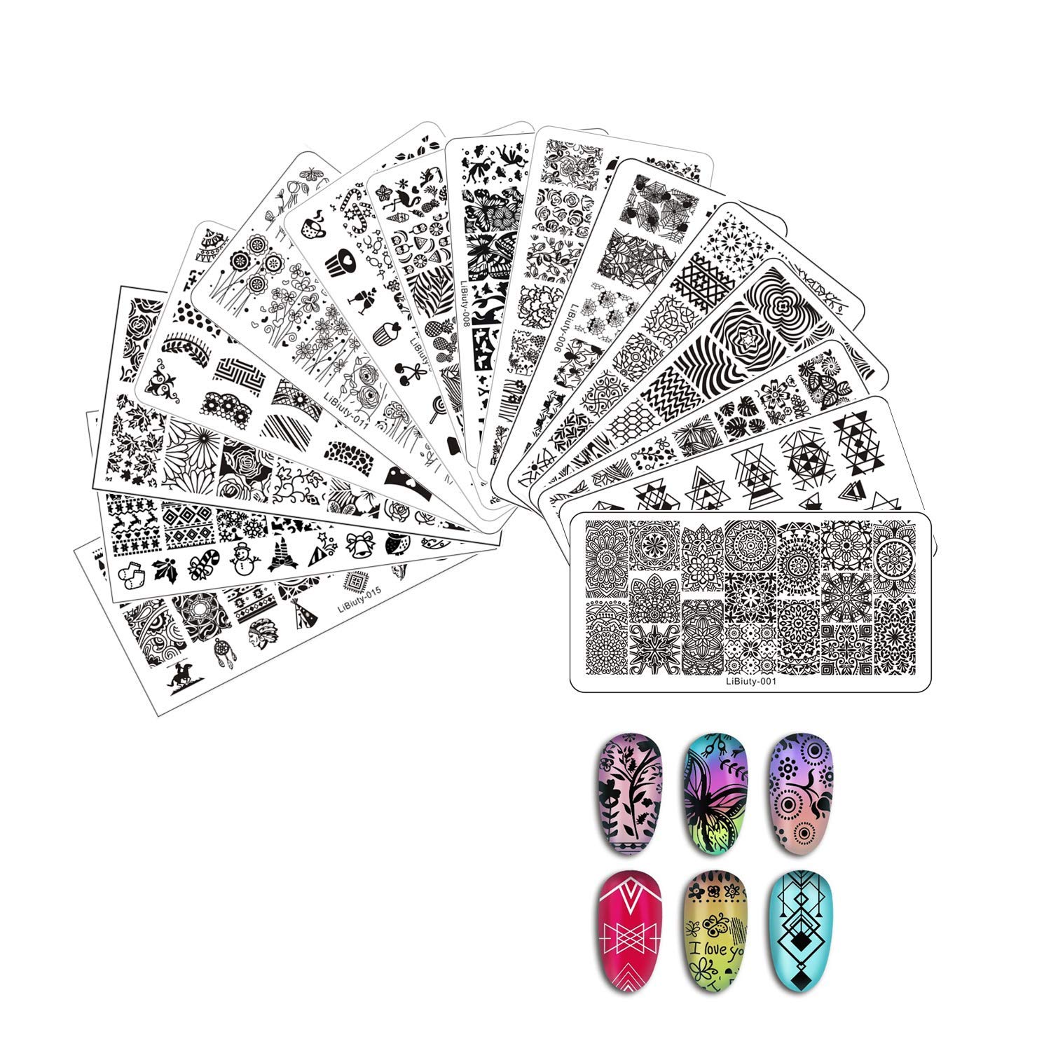 15Pcs nail Art Templates Stamping Plate Geometry Lace Flower Animal Fruit Holiday Pattern Plates DIY Nail Art Set with Clear Stamper Scraper