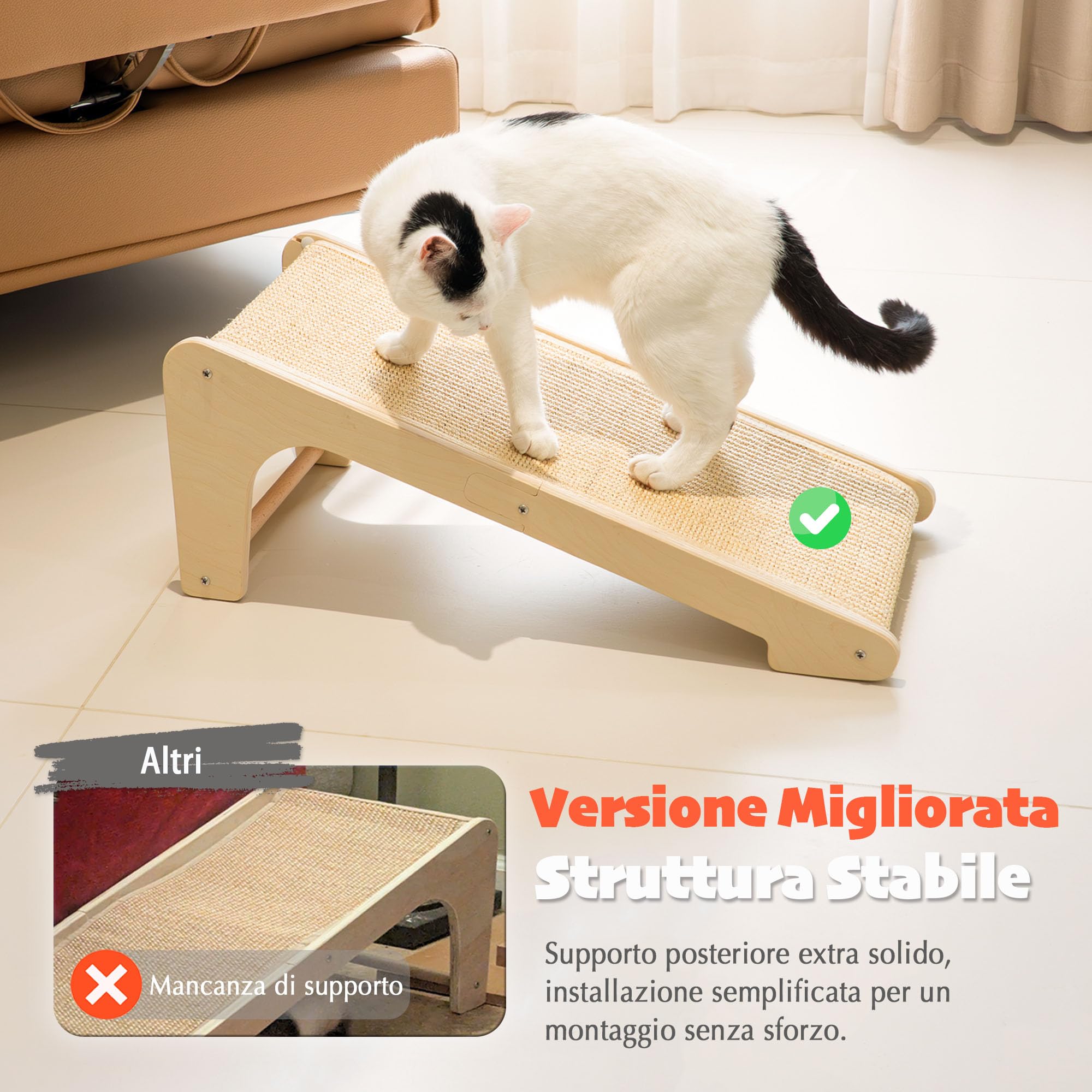 PETKARAY Tiragraffi per Gatti a Forma di L, 64 cm, Palo da Grattare in Sisal Naturale, Montaggio a Muro o a Terra, Protezione dei Mobili con Erba Gatta, Design Classico