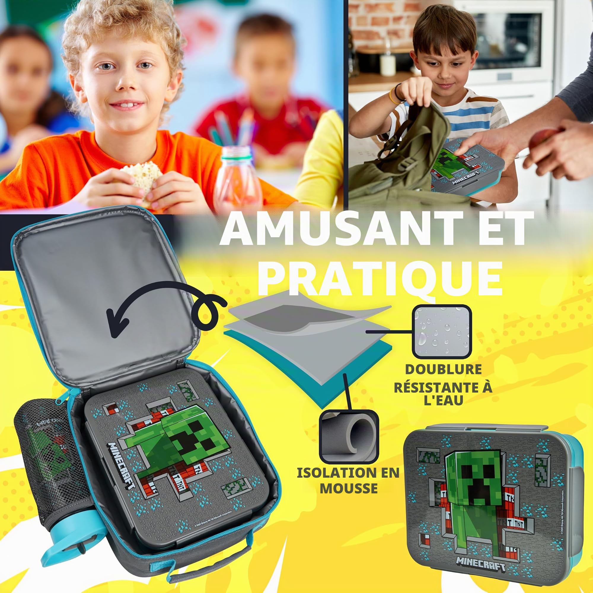 Get Trend Minecraft Sac Isotherme Repas Enfant, Gourde et Boite Bento, Kit Déjeuner de 3 Accessoires Scolaires, Sans BPA, École Voyage Pique Nique (Multi Minecraft)
