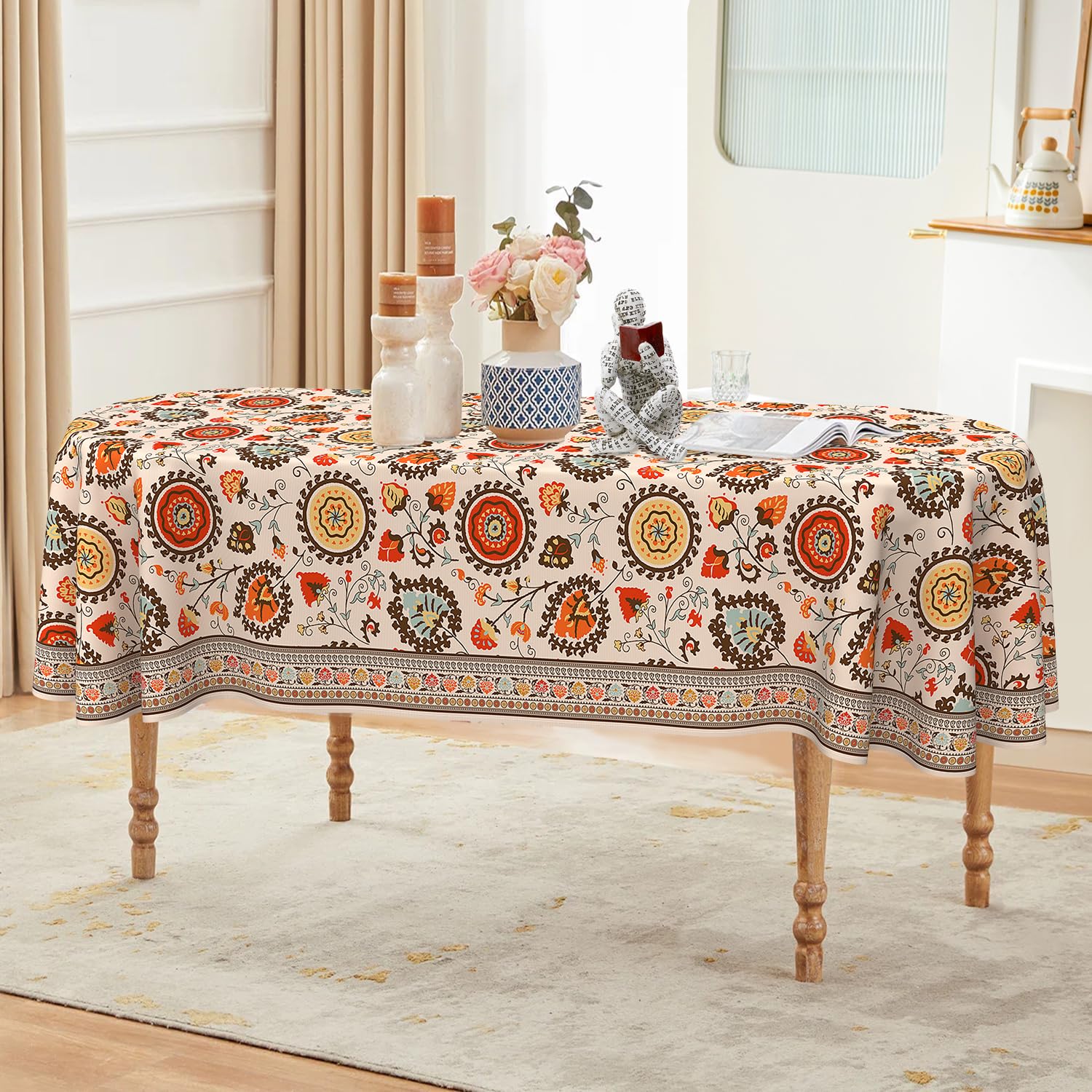 ZORKET Oval Tablecloth 60 x 84 Inch, Vintage Boho Floral Flower Oval Table Cloth, Washable Wrinkle Free Oval Table Cover for Kitchen Dinning Party