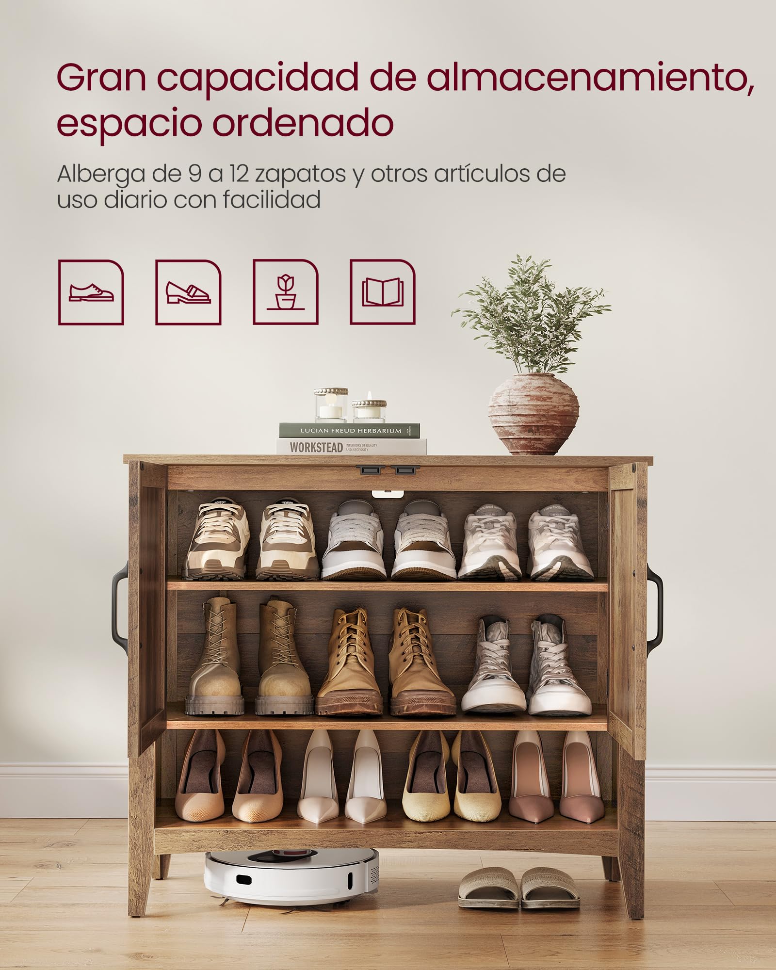 VASAGLE LIRY Colección - Armario Zapatero de 3 Niveles, Zapatero Estilo Americano Tradiconal, Armario con Estante Ajustable en Altura, Asas, Entrada, 35 x 80 x 70 cm, Marrón Miel LBC038B01