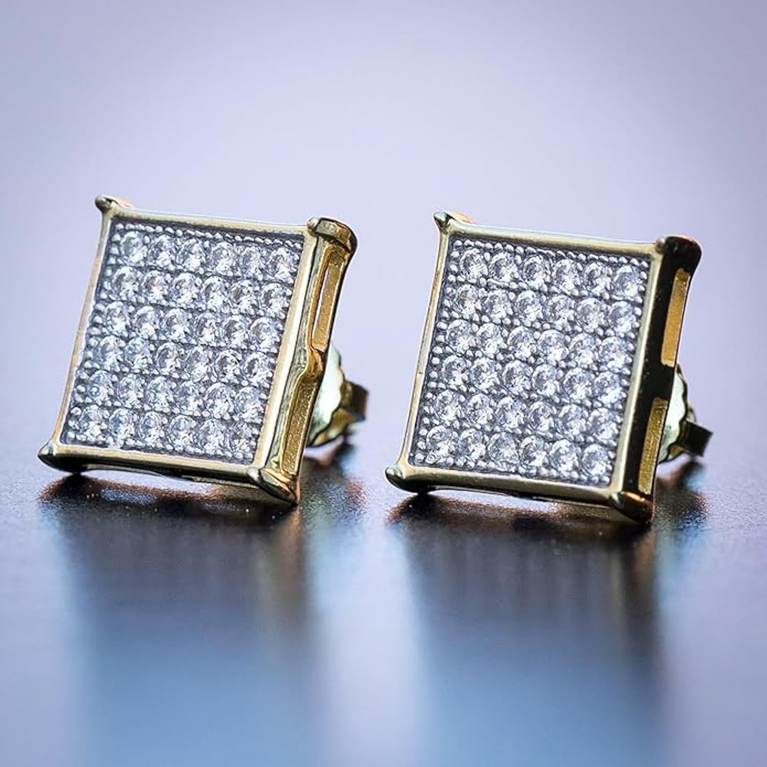 Mens Two Tone Yellow Gold Plated 925 Sterling Silver Hypoallergenic Square Flat Screen 10mm 5A CZ Stone Iced Hip Hop Micro Pave Ice Out Stud Screw Back Post Earrings For Men - Image 5