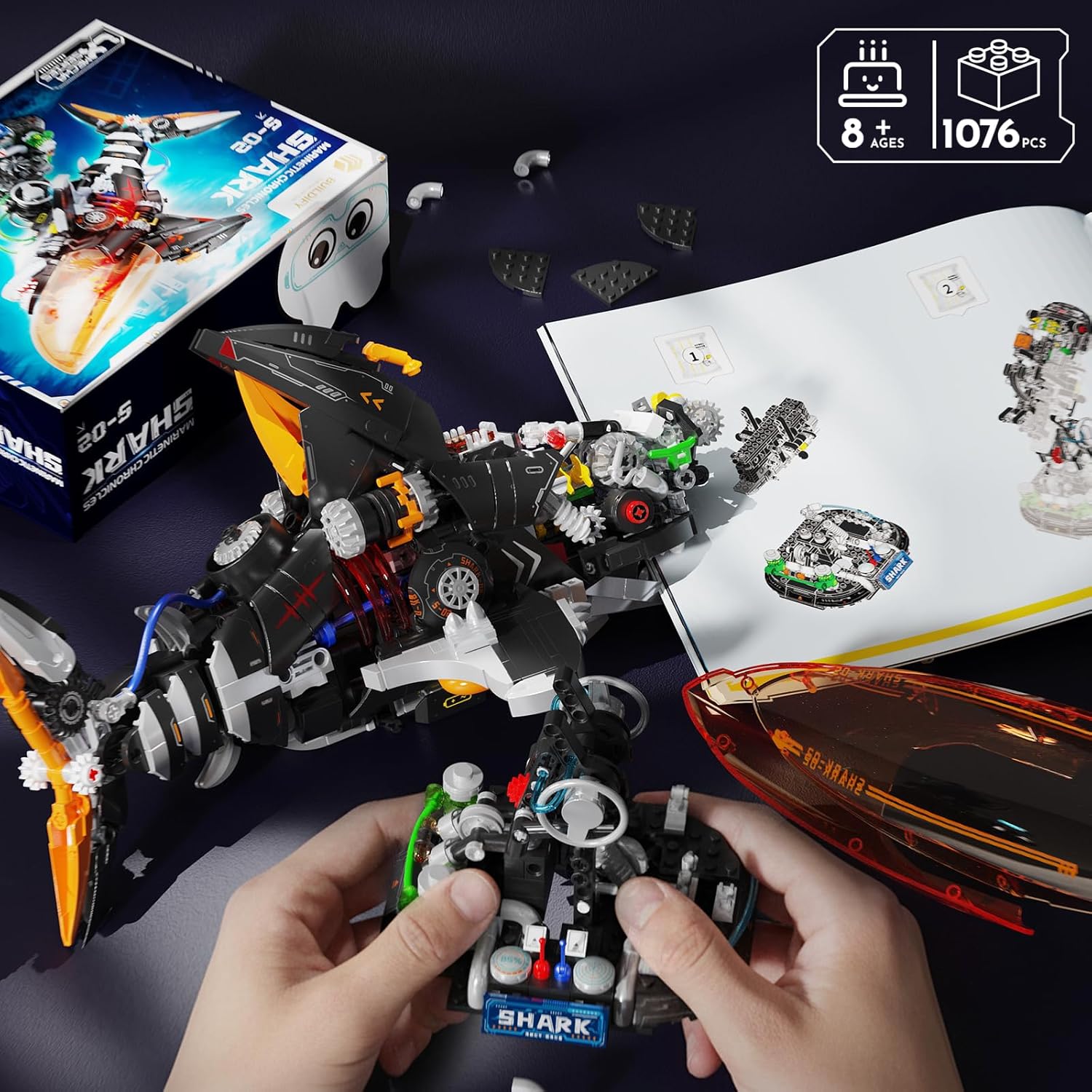 Punk Style Shark Building Set with Light, 1076-PCS Articulated Mechanical Jaws Fish Model with Display Stand, Ocean Predator Kit for Kids 8+ and Adults, Birthday for Marine & Mech Fans